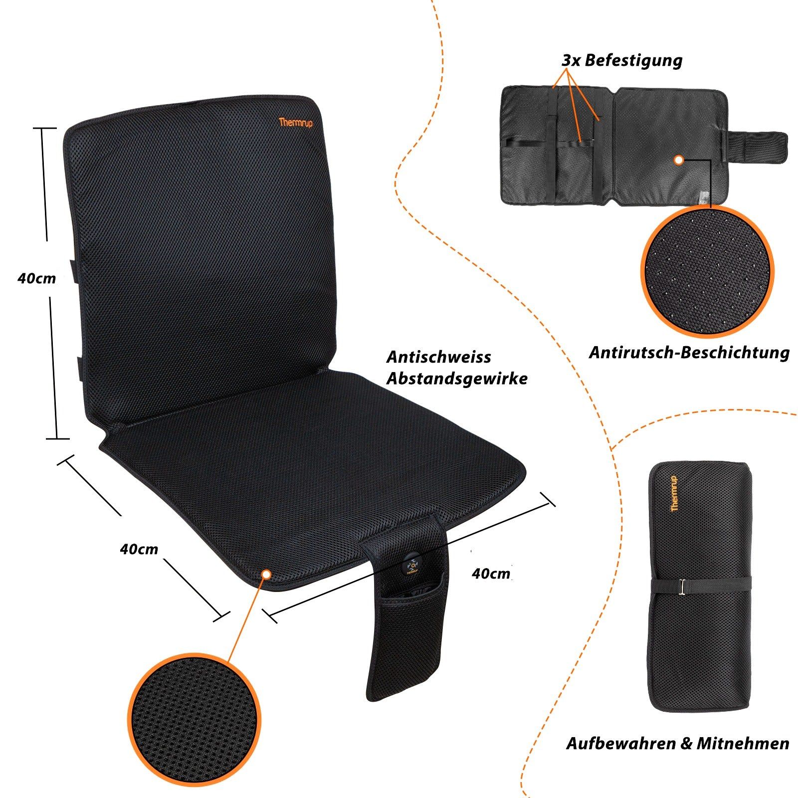 Schwarze Sitzauflage mit 40x40cm Maßen. Mit Anti-Schweiß- und Anti-Rutsch-Beschichtung. Enthält Befestigungen und eine Aufbewahrungstasche.