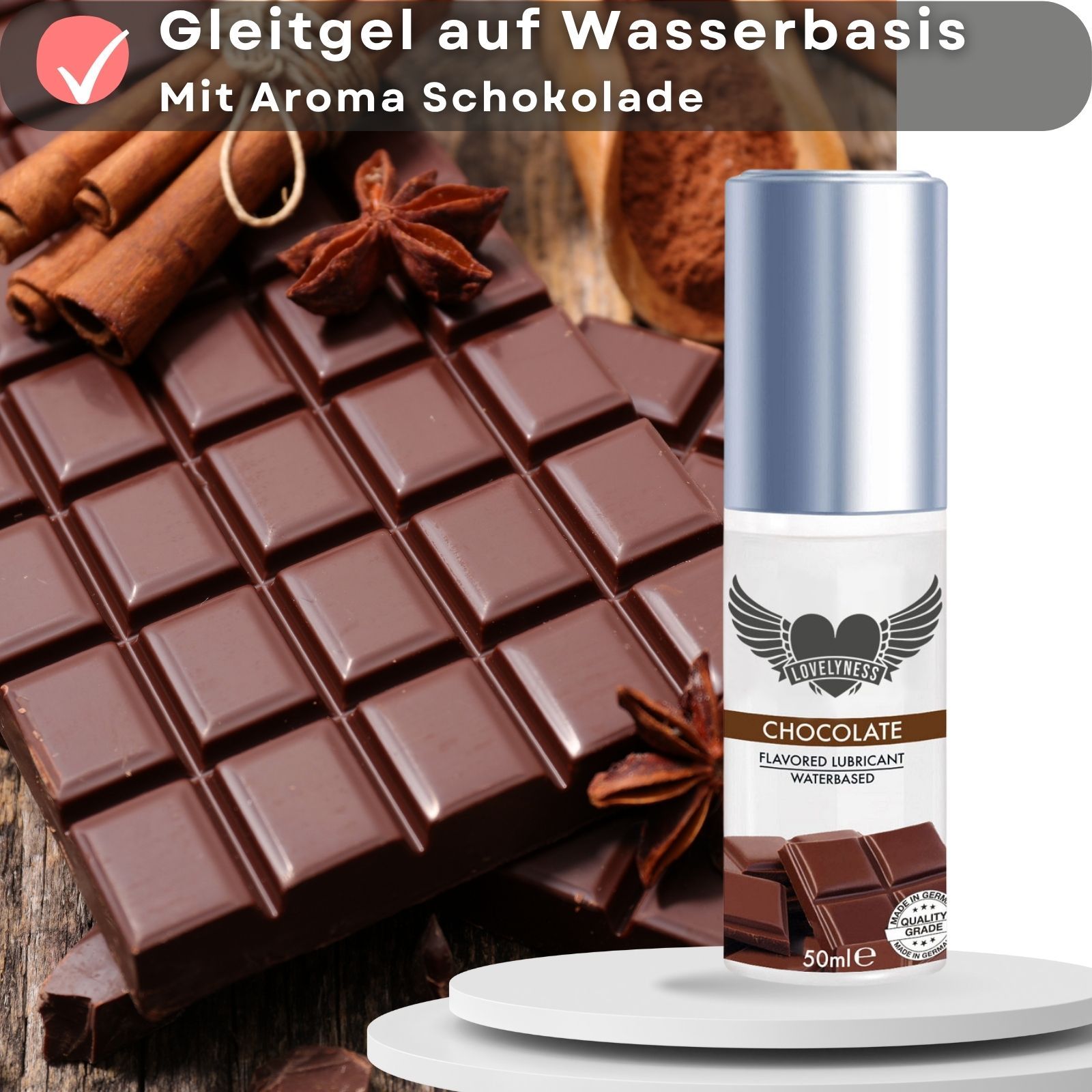 Gleitgel auf Wasserbasis mit Schokoladenaroma. Flasche mit silbernem Deckel. 50ml.