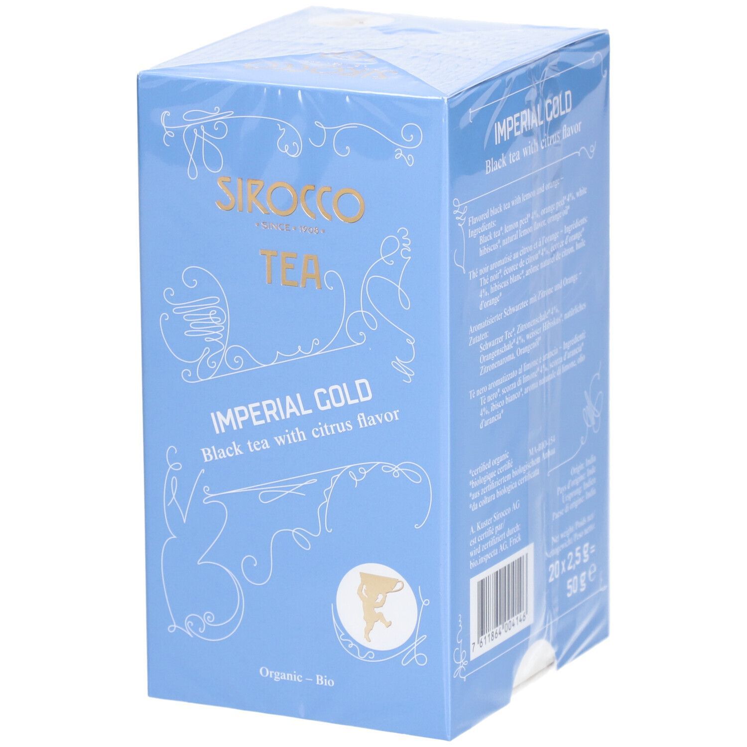 Hellblaue Schachtel mit Aufschrift "Sirocco Tea Imperial Cold". Text: "Black tea with citrus flavor". Verpackt in Folie.