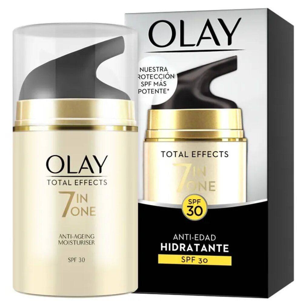 Olay Total Effects 7 in One Anti-Ageing Moisturiser. Creme-Spender mit schwarzem Deckel und goldfarbenem Ring. Verpackung mit Produktabbildung.