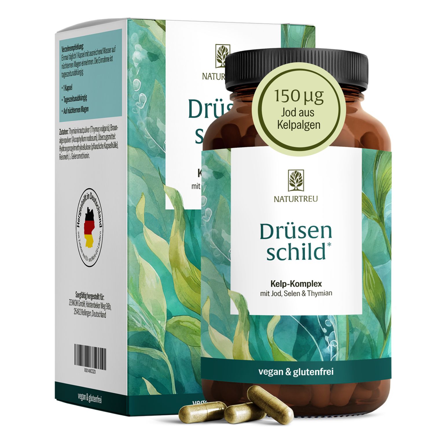 NATURTREU® Drüsenschild Kapseln mit Jod, Selen & Thymian, vegan & glutenfrei. Braunglasflasche mit Kartonverpackung.