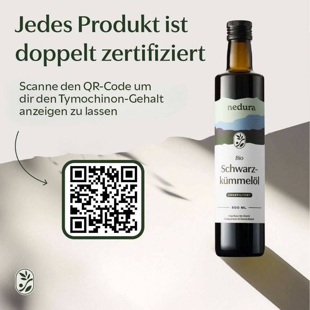 Flasche mit QR-Code. Text: Jedes Produkt ist doppelt zertifiziert. Marke nedura. 500 ml.