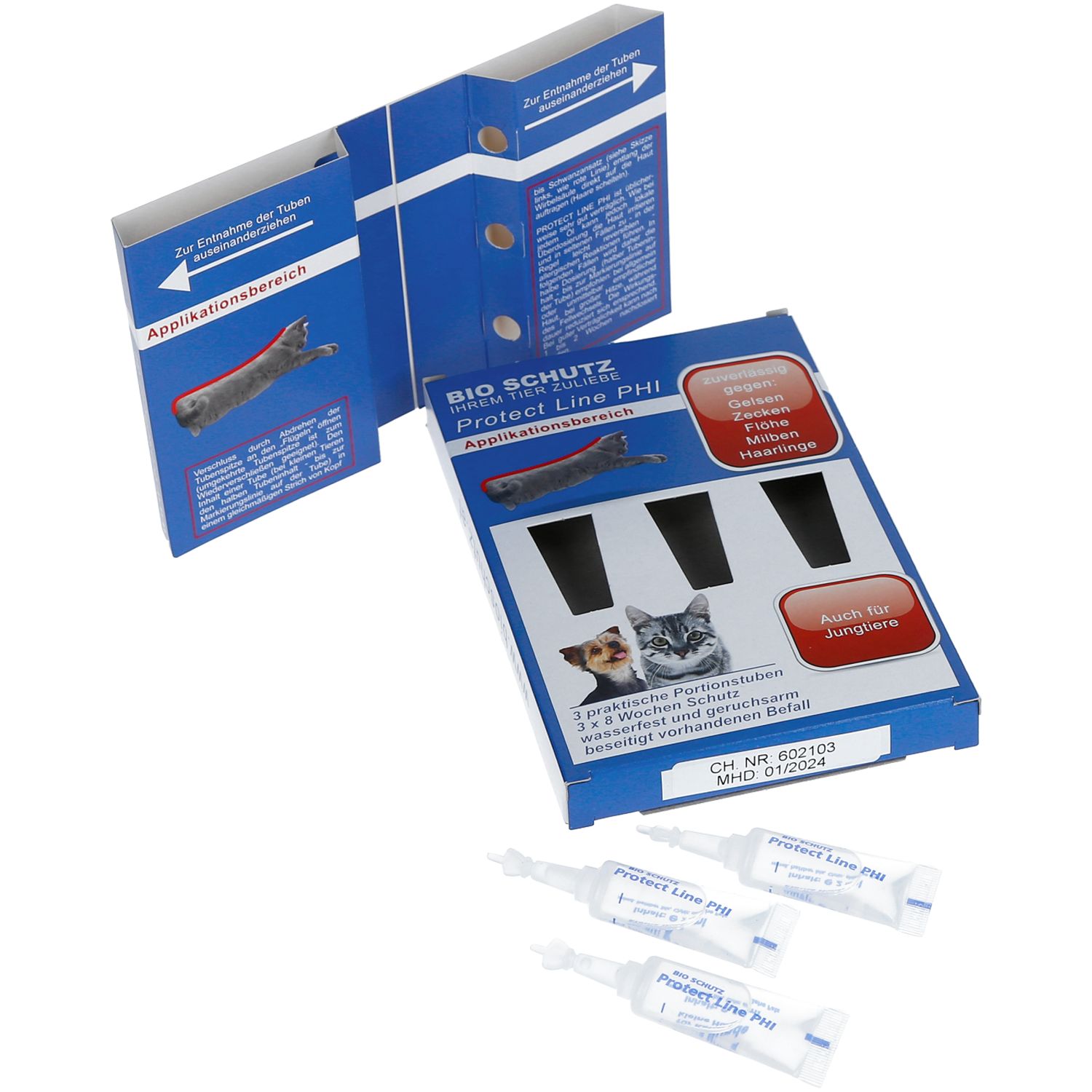 Geöffnete Produktverpackung mit drei Tuben. Aufdruck: Protect Line PHI. Enthält drei Portionen für Katzen und kleine Hunde. Gegen Zecken, Flöhe, Milben, Haarlinge.
