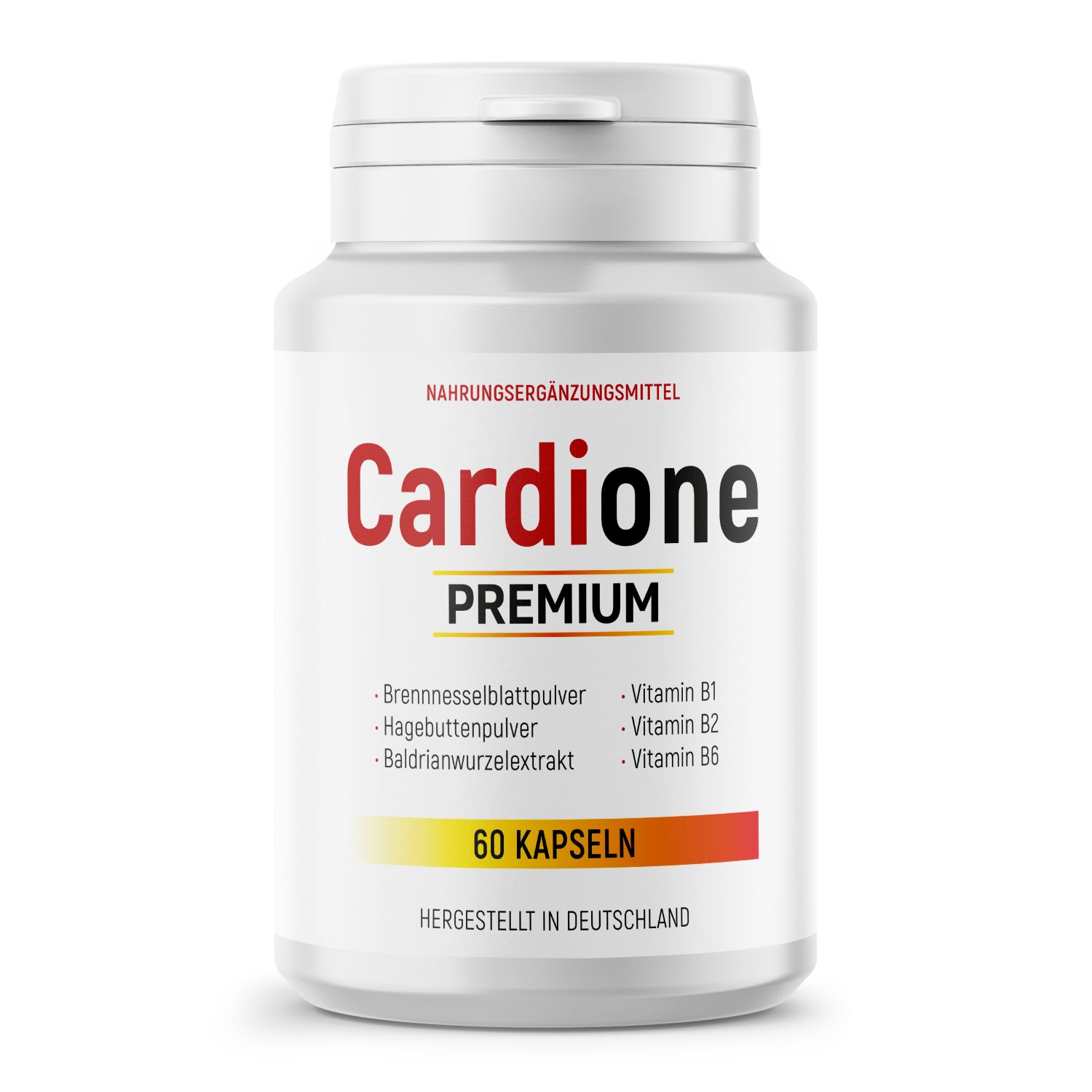 Weiße Pillendose mit rotem und gelbem Etikett. Aufschrift: Cardione Premium, 60 Kapseln. Hergestellt in Deutschland.