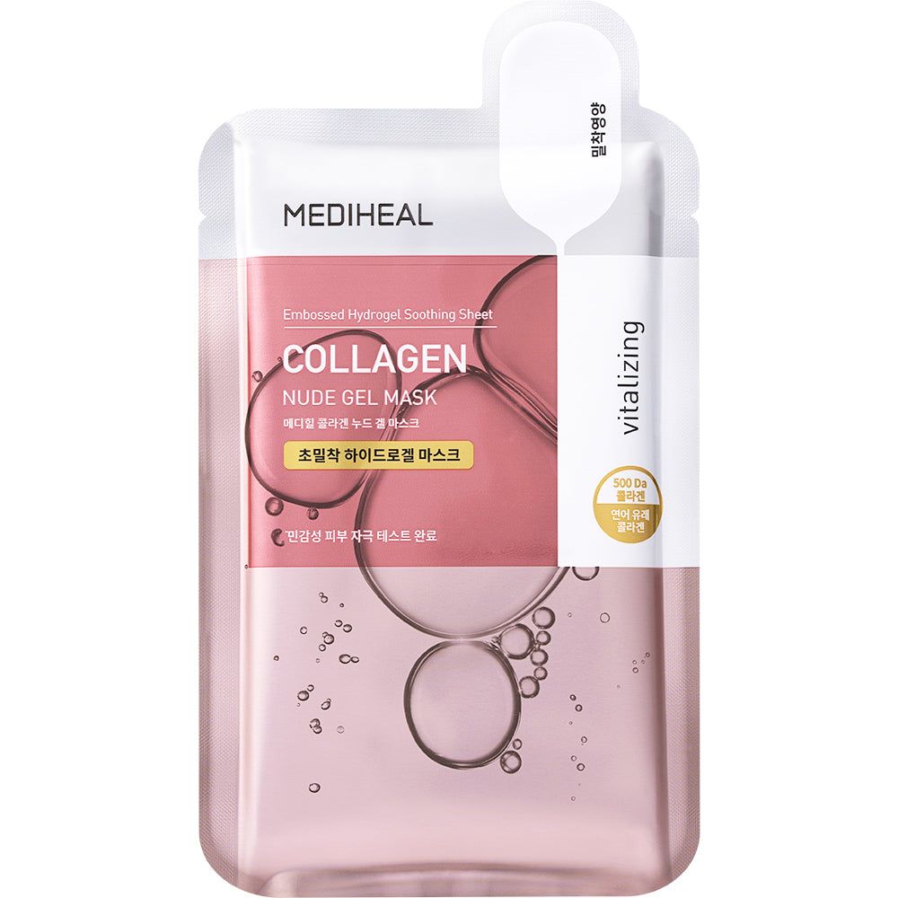 Verpackung der MEDIHEAL Collagen Nude Gel Hydrogelmaske. Rosa Flüssigkeit, Blasen und Produktinformationen.
