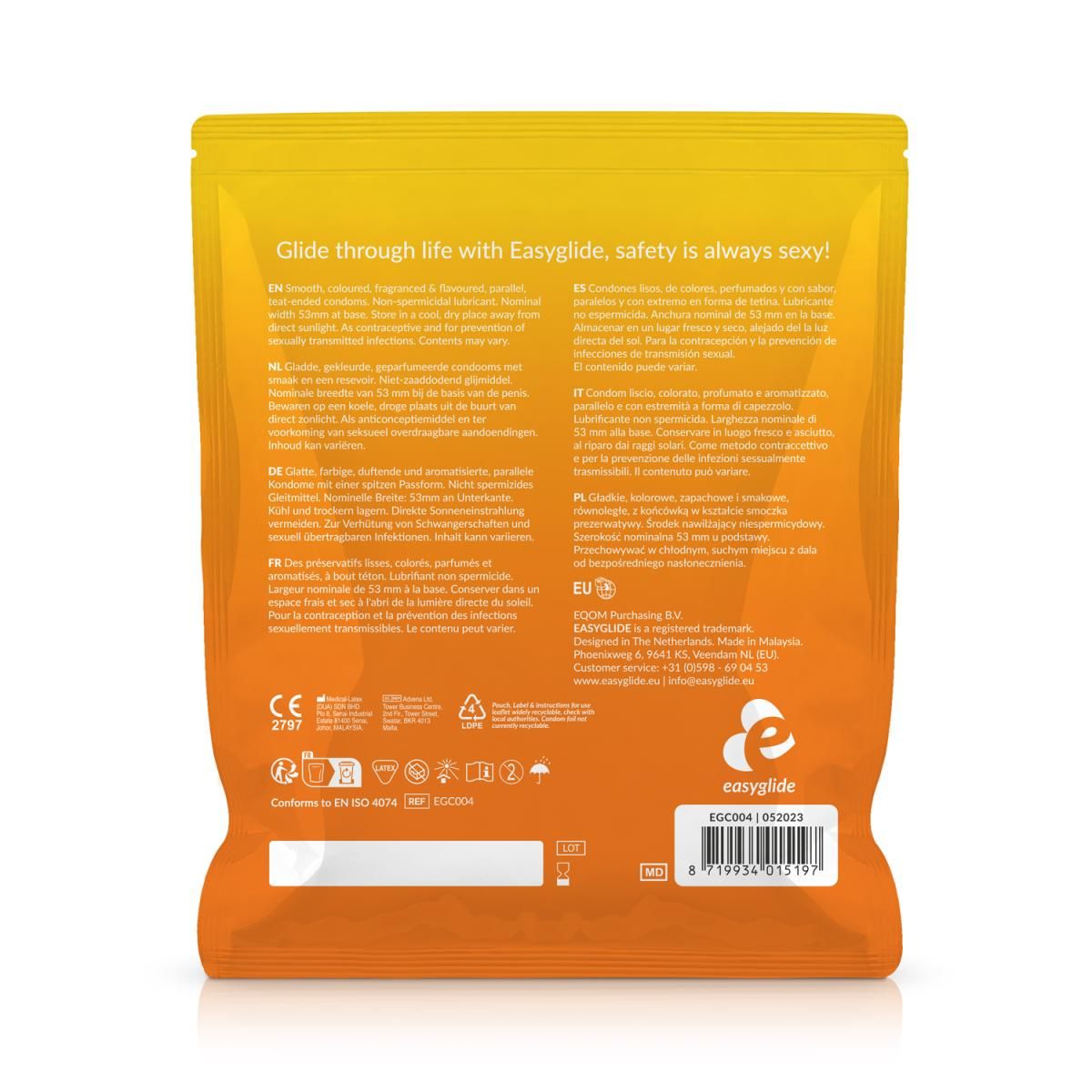 Verpackungsrückseite eines Gleitmittelbeutels mit mehrsprachigen Produktinformationen und CE-Kennzeichnung.