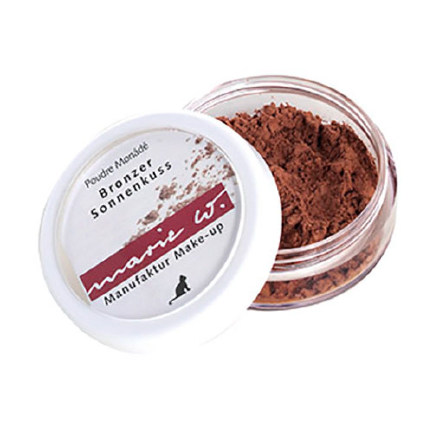 Bronzer Sonnenkuss in einem transparenten Tiegel mit weißem Deckel. Auf dem Deckel steht "marie w. Manufaktur Make-up".