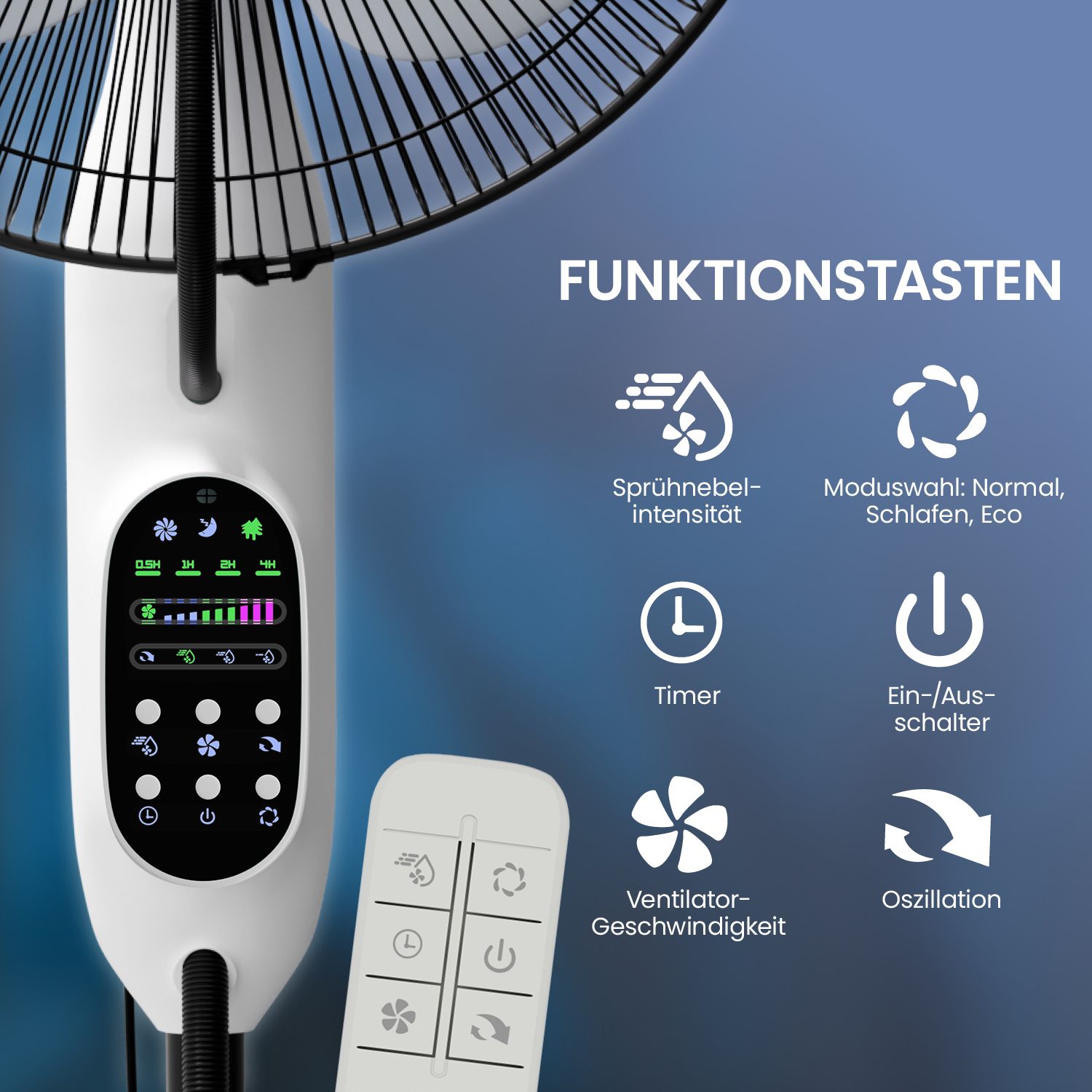 Standventilator mit Funktionen: Sprühnebel, Moduswahl, Timer, Ein/Aus, Ventilatorgeschwindigkeit, Oszillation. Fernbedienung.