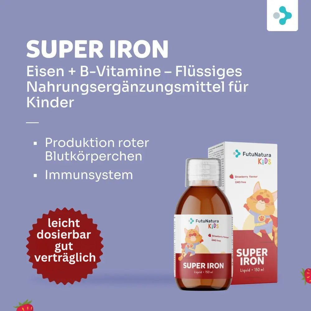 Flasche und Verpackung von FutuNatura Super Iron. Flüssiges Nahrungsergänzungsmittel für Kinder. Aufmachung mit Text.
