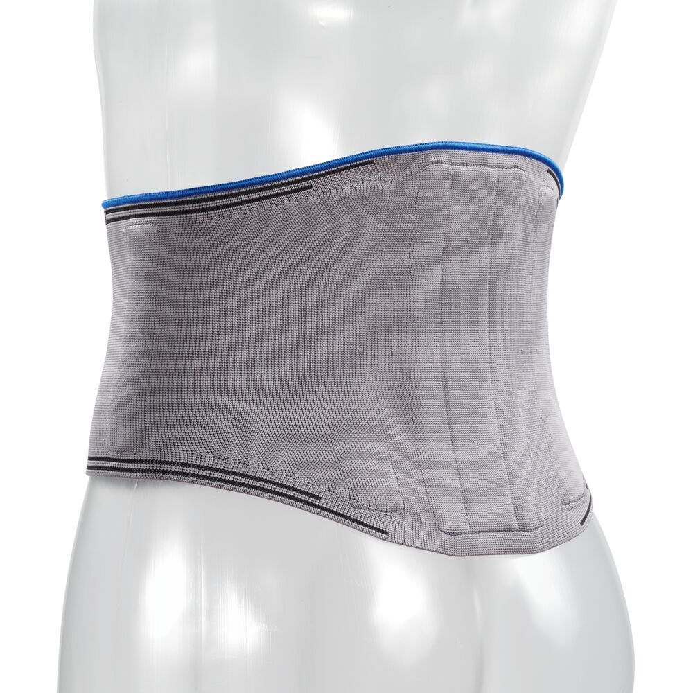 Graue Rückenorthese. Mit blauen und schwarzen Akzenten. Auf einer Schaufensterpuppe dargestellt.