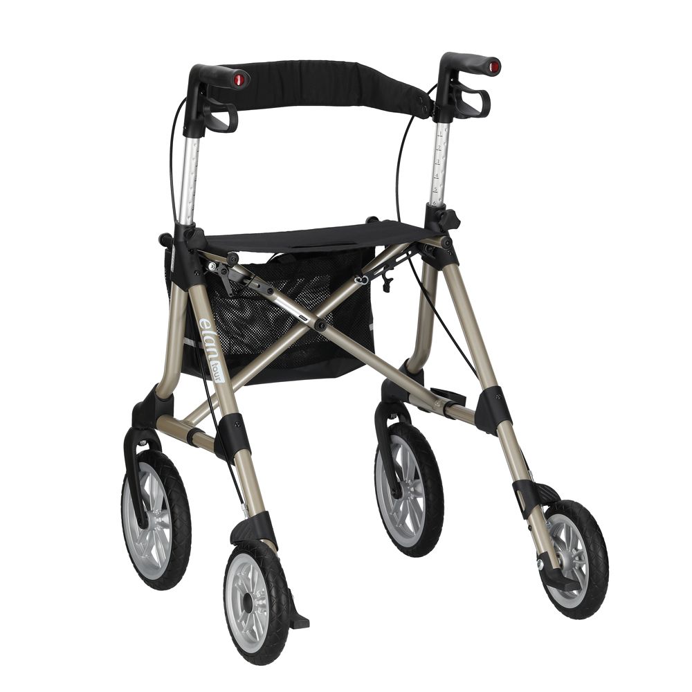 Russka Rollator Elan Tour: Ein leichter Rollator mit Sitz, Rückenlehne und Einkaufstasche. Silberfarbener Rahmen, schwarze Details.