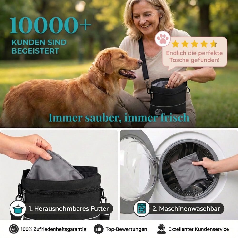 Schwarze Leckerlietasche mit herausnehmbarem Futter und Waschmaschinen-Eignung. Hund und Person im Bild.