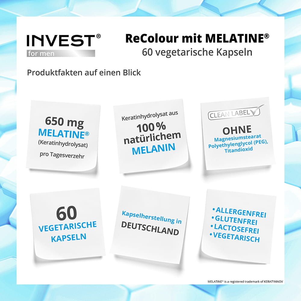 Produktinformationen von INVEST ReColour Kapseln. Enthält 60 vegetarische Kapseln. Angaben zu Melatin, Melanin, Inhaltsstoffen und Zertifizierungen.