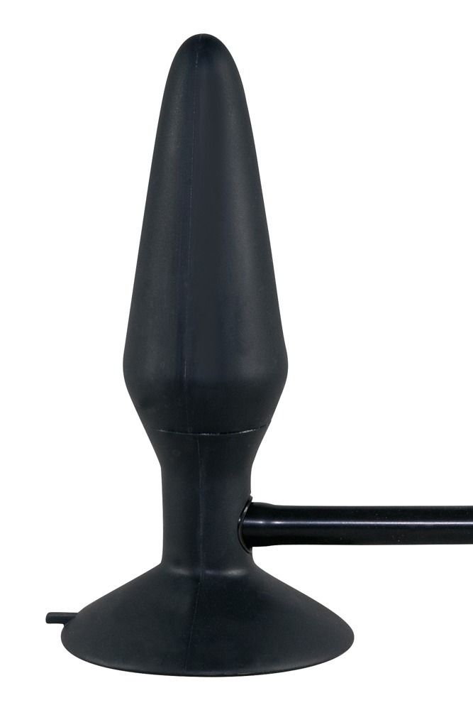 Schwarzer, konischer Analplug mit Basis und Schlauchanschluss. Aus Gummi.