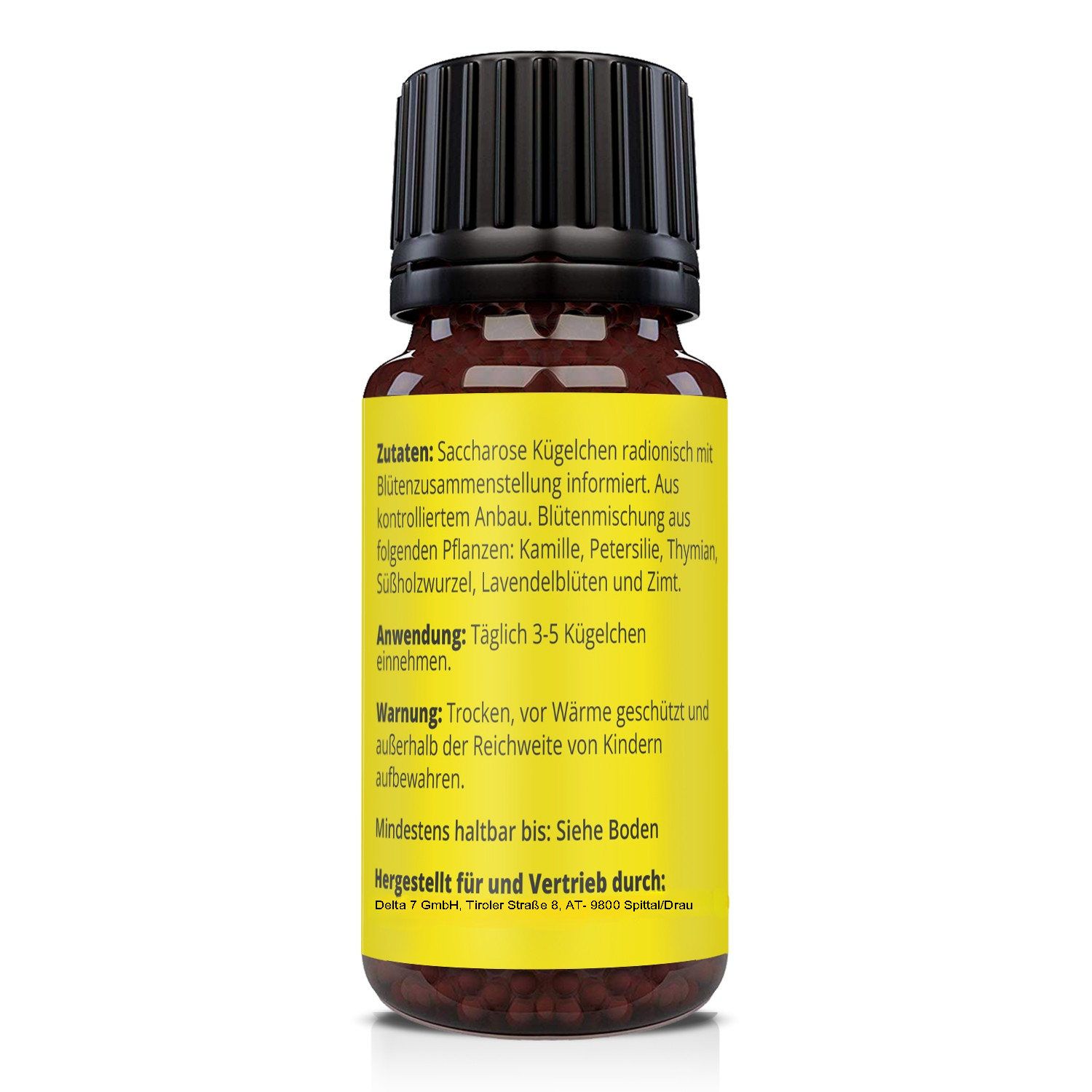 Rückseite der braunen Glasflasche mit gelbem Etikett. Aufschrift: Zutaten, Anwendung, Warnung. Inhalt 10g. Barcode.