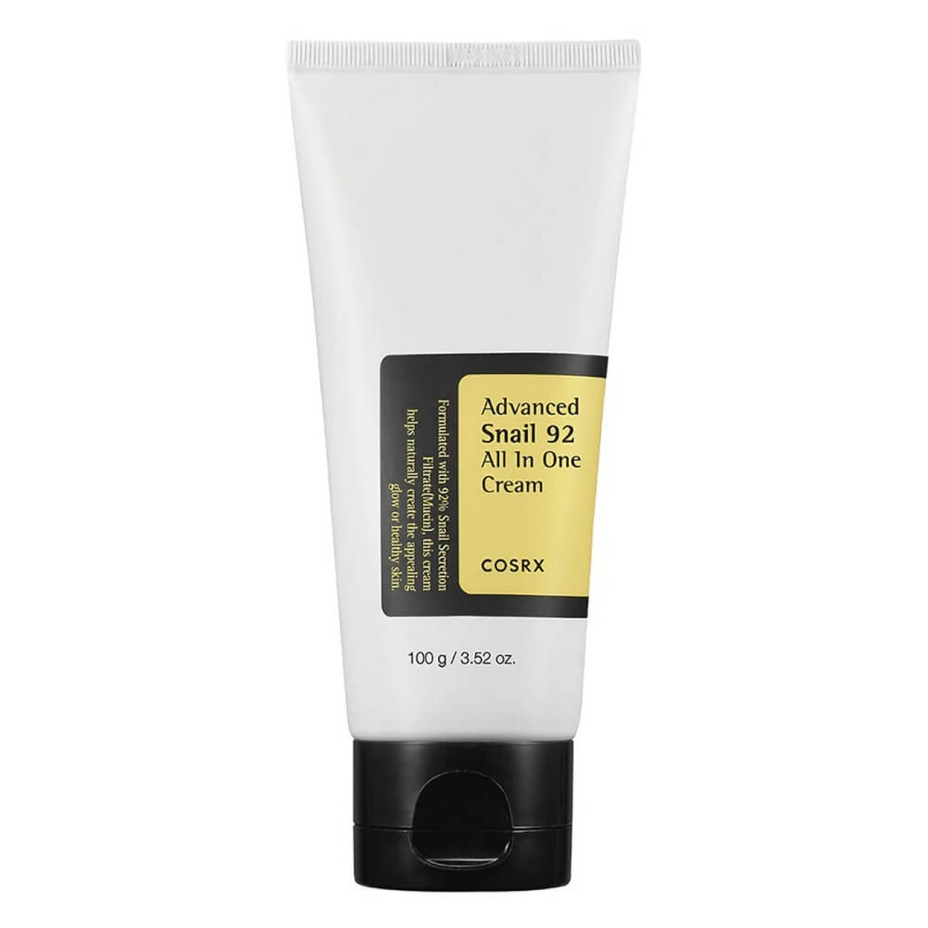 Tube der COSRX Advanced Snail 92 All in One Cream mit schwarzem Deckel und Etikett.