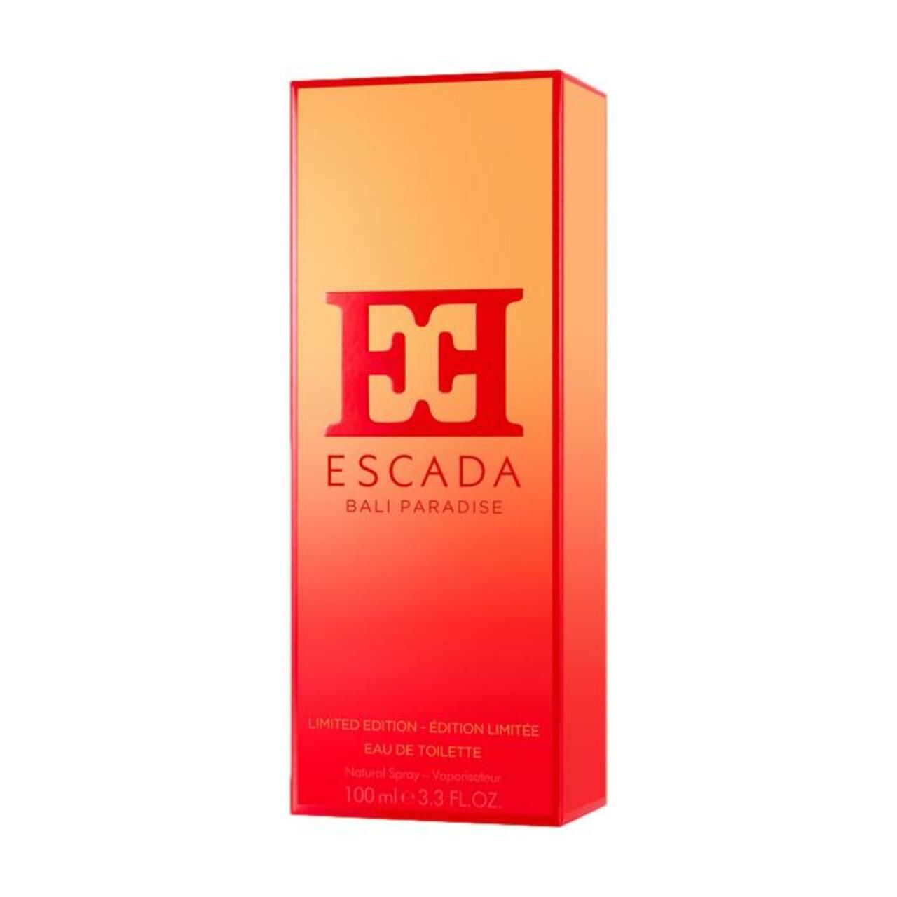 Escada Bali Paradise EdT Nat. Spray, rote Verpackung. Rote Verpackung mit Logo und Produktinformationen.