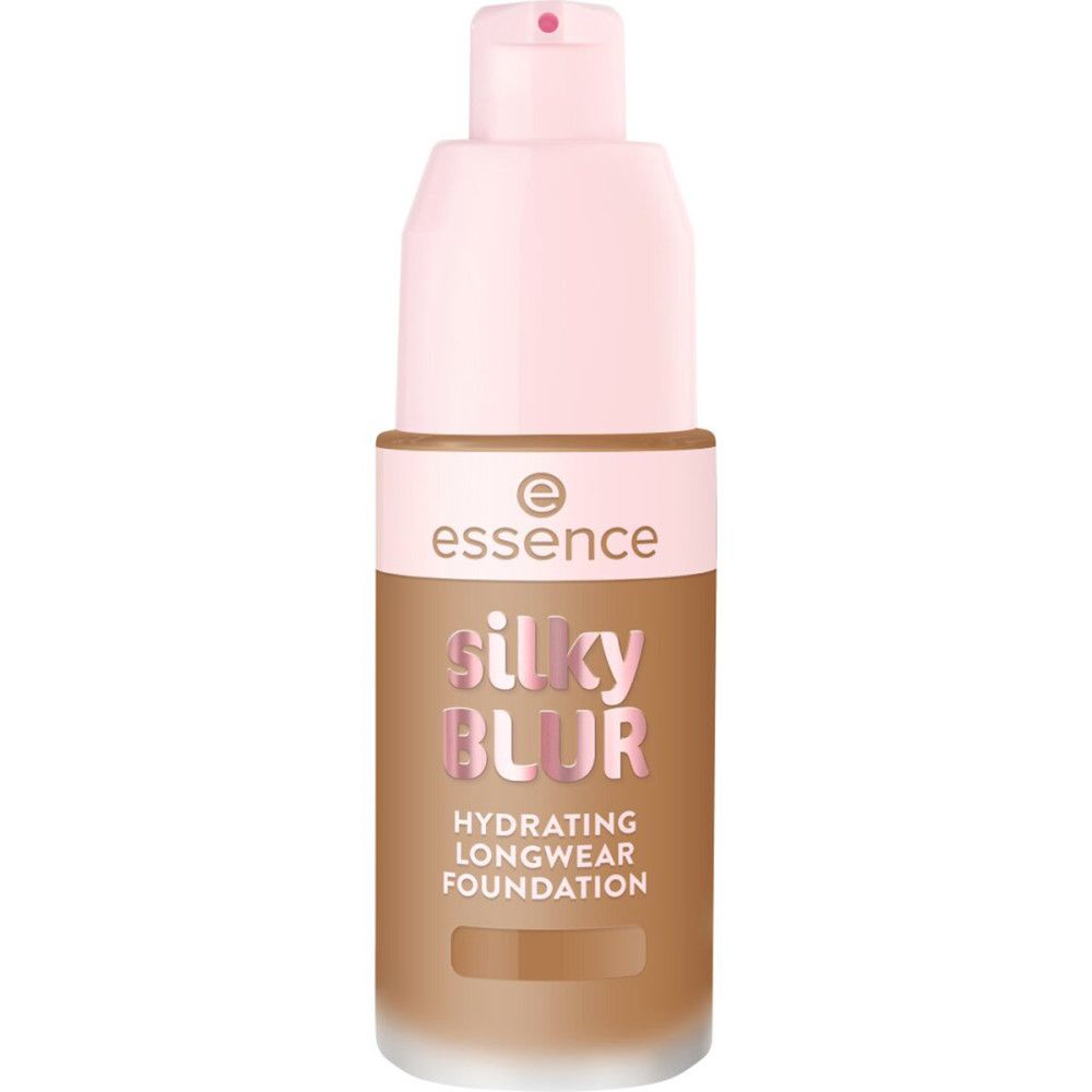 Foundation-Flakon mit rosa Deckel. Aufschrift "essence silky BLUR Hydrating Longwear Foundation".