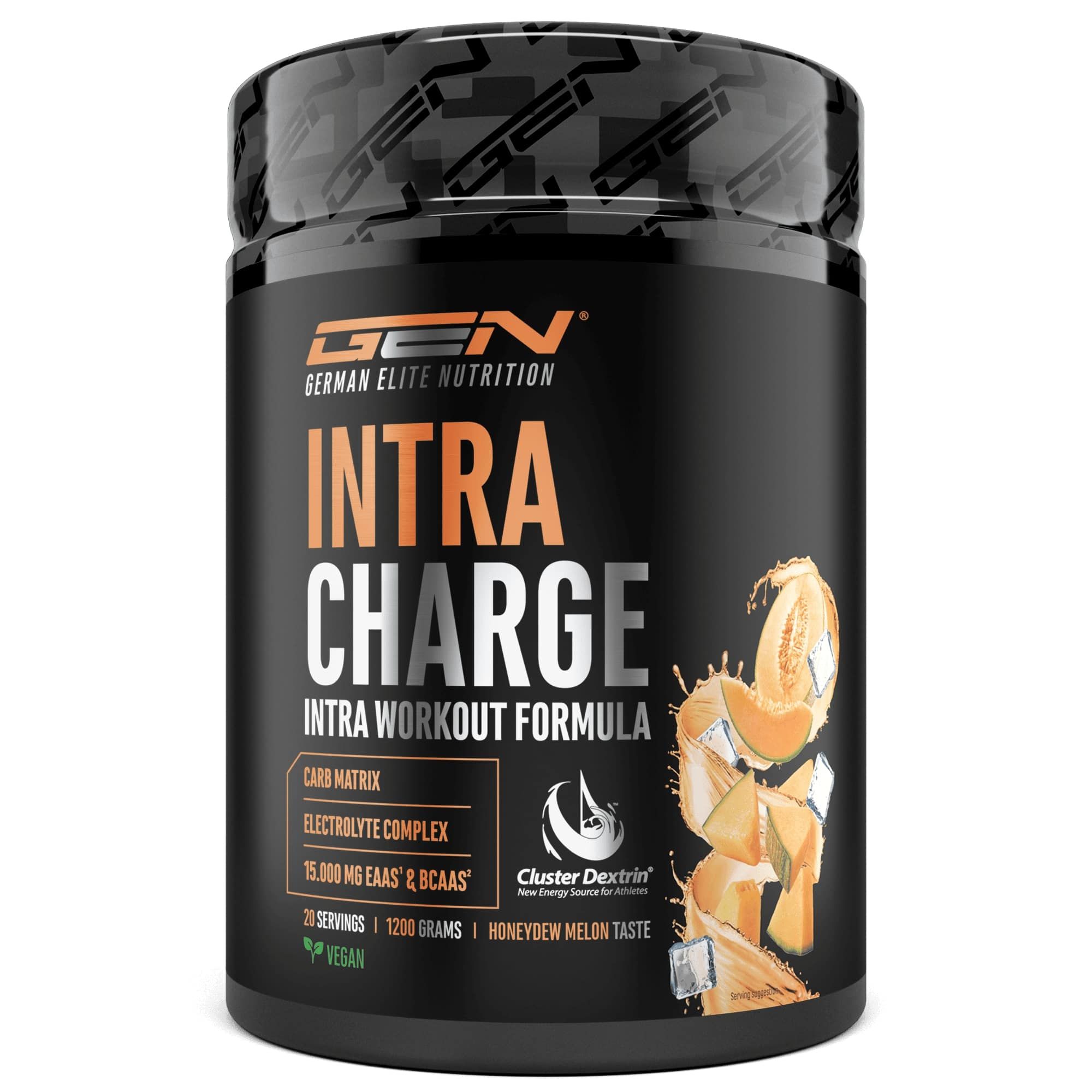 Schwarze Dose mit Aufschrift "INTRA CHARGE". Enthält 1200 Gramm. Mit Honigmelonen-Geschmack. Marke: GEN German Elite Nutrition.