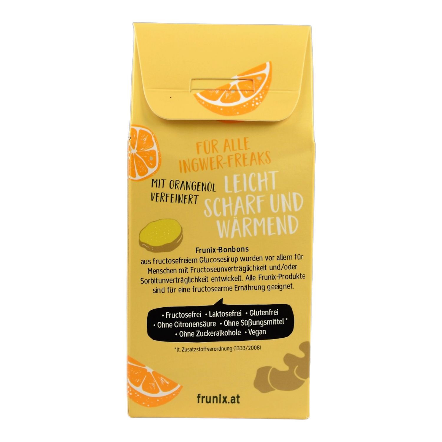 Gelbe Verpackung, Rückseite. Text: FÜR ALLE INGWER-FREAKS, LEICHT, SCHARF UND WÄRMEND. Illustrationen von Orange und Ingwer. FRUNIX.