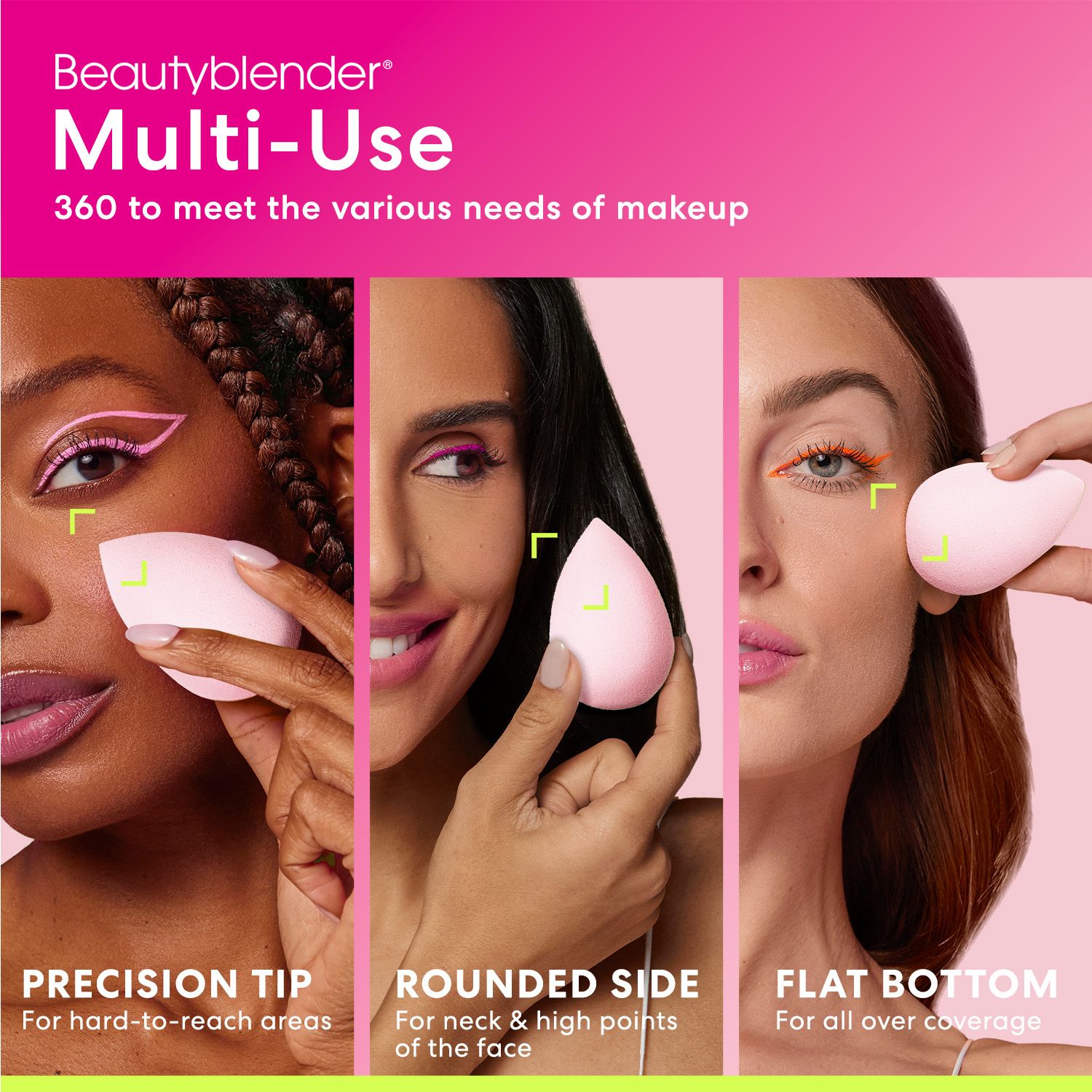 Drei Frauen verwenden Beautyblender-Schwämme. Text: Multi-Use, Precision Tip, Rounded Side, Flat Bottom. Rosa Hintergrund.