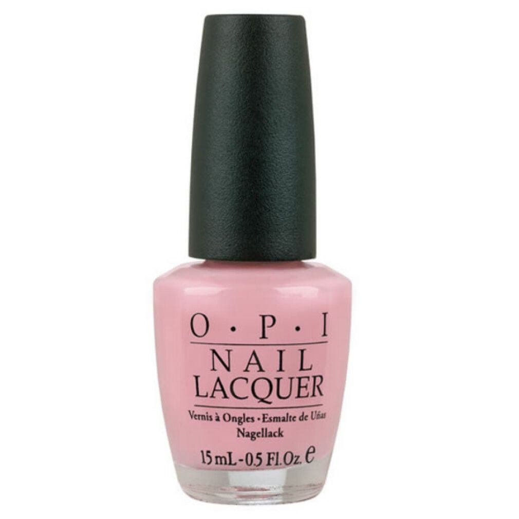 Rosa Nagellackflasche mit schwarzem Deckel. O.P.I. Nail Lacquer, 15 ml.
