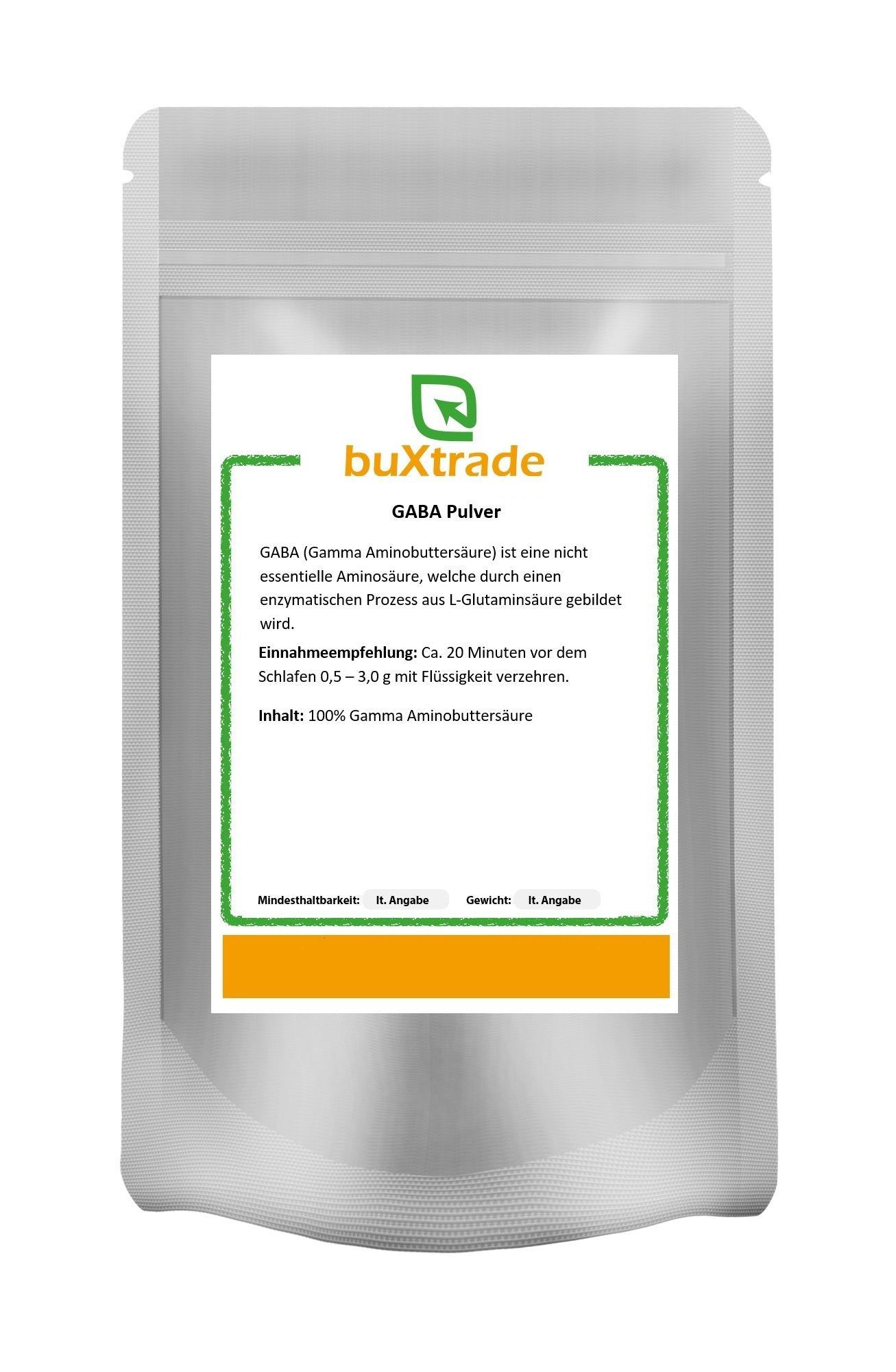 Beutel mit buXtrade GABA Pulver. Weißer Beutel mit Etikett. Aufschrift: GABA Pulver, 100% Gamma Aminobuttersäure.