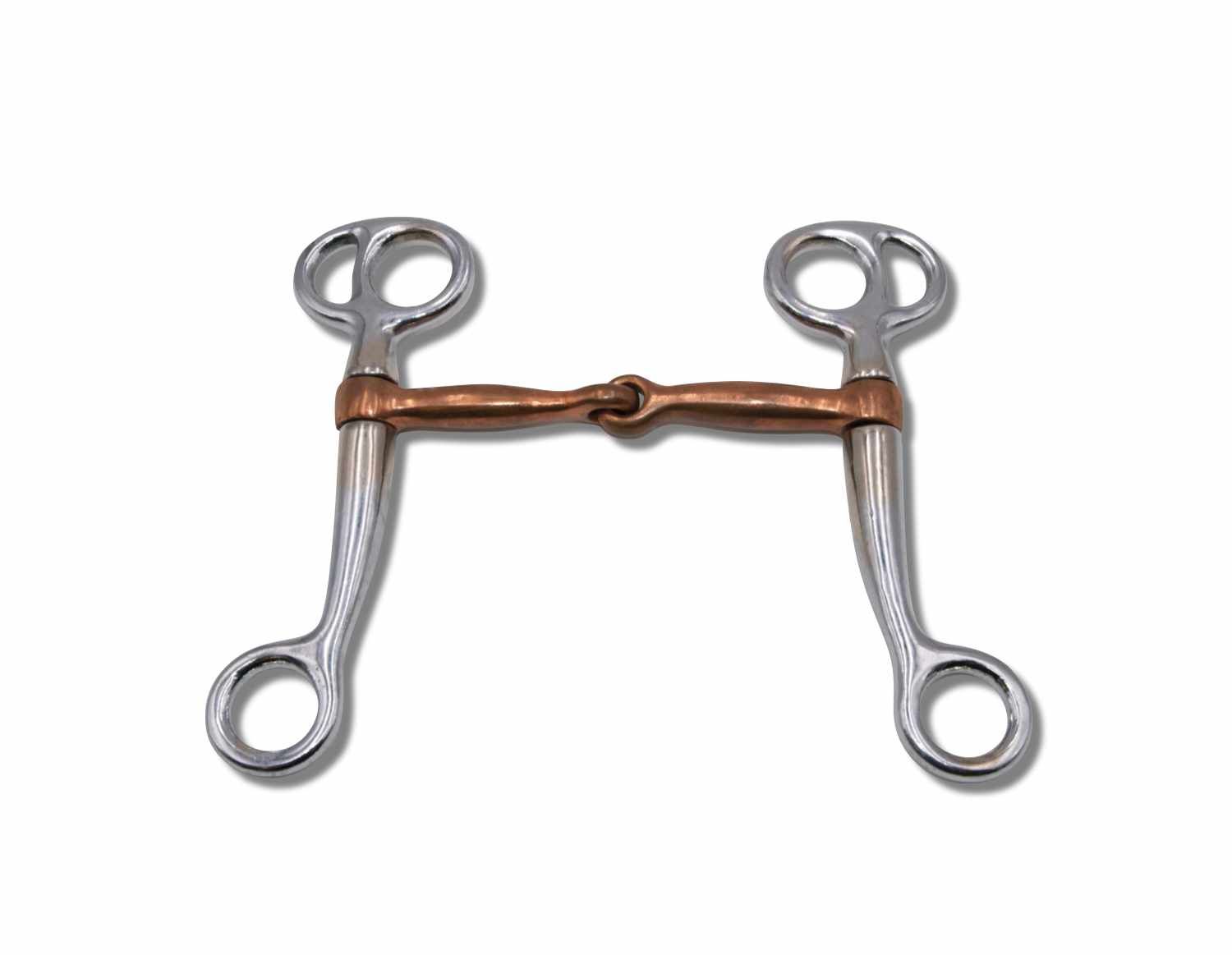 AMKA Tom Thumb Snaffle. Metall, kupferfarbenes Mundstück, silberfarbene Seitenteile. Ringe an den Enden. Verbindungsstück.