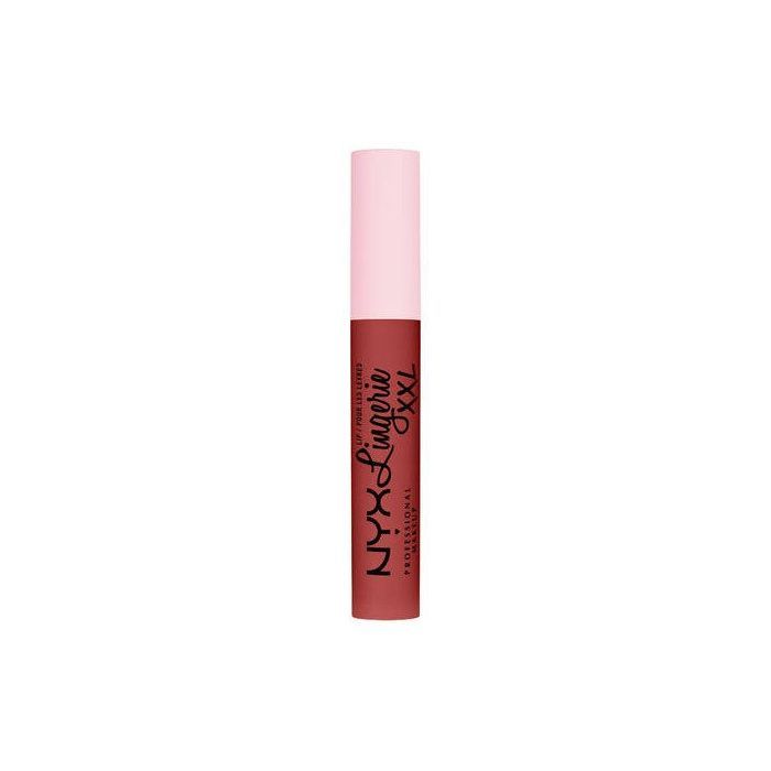 Lippenstift-Tube, rosa Kappe, braune Tube mit Schriftzug NYX Lingerie XXL. Professionelles Make-up.