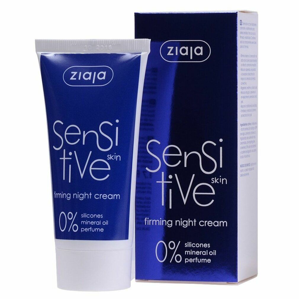 Tube und Schachtel. Tube: blau, weißer Deckel, Aufschrift sensitive skin, firming night cream. Schachtel: blau, Ziaja.