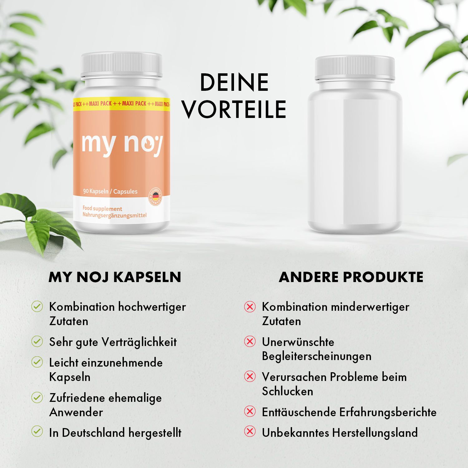 Zwei Flaschen, eine mit my noj Kapseln, eine leere. Text: Deine Vorteile, Kombination hochwertiger Zutaten, hergestellt in Deutschland.