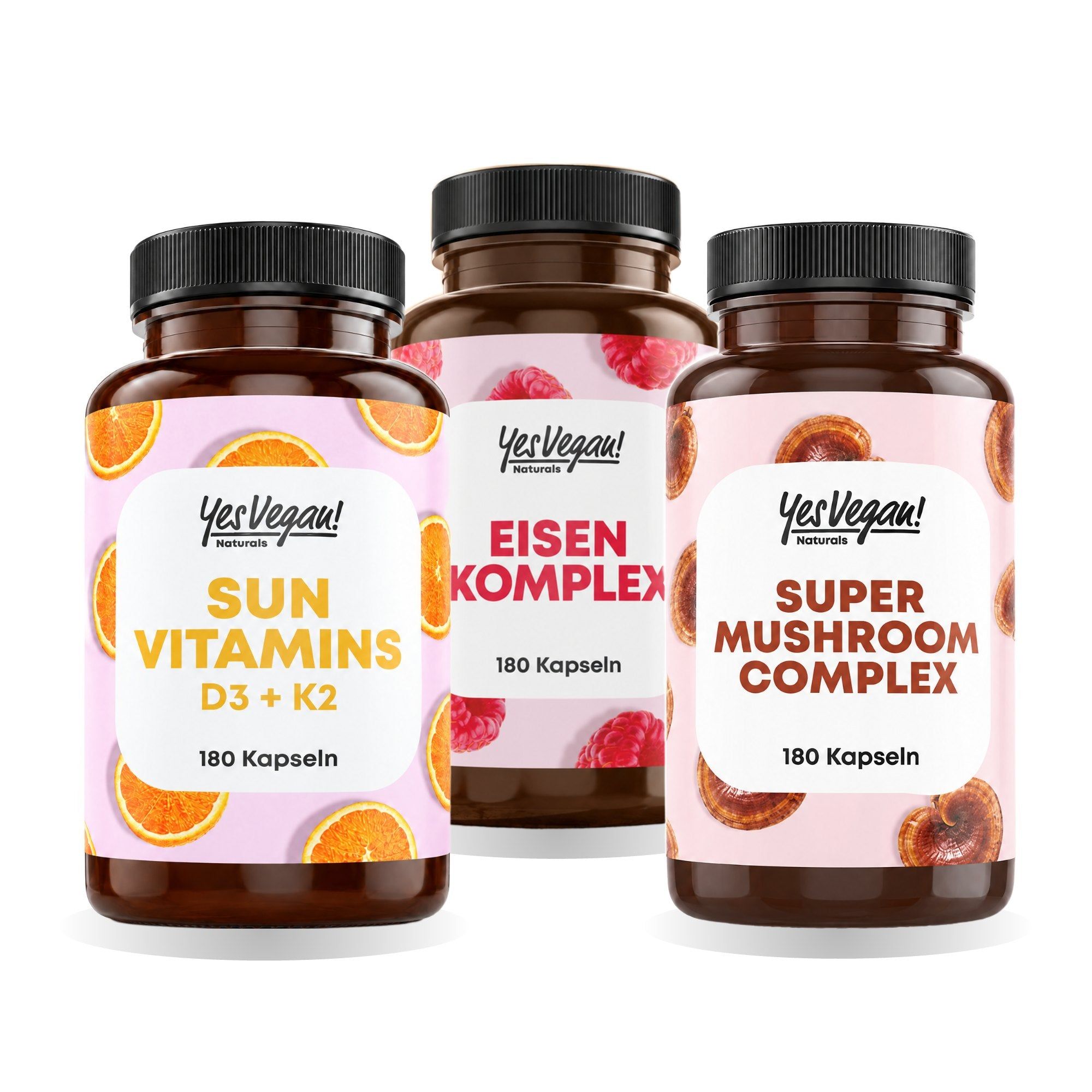 Drei Flaschen Nahrungsergänzungsmittel: Sun Vitamins, Eisen Komplex und Super Mushroom Complex.