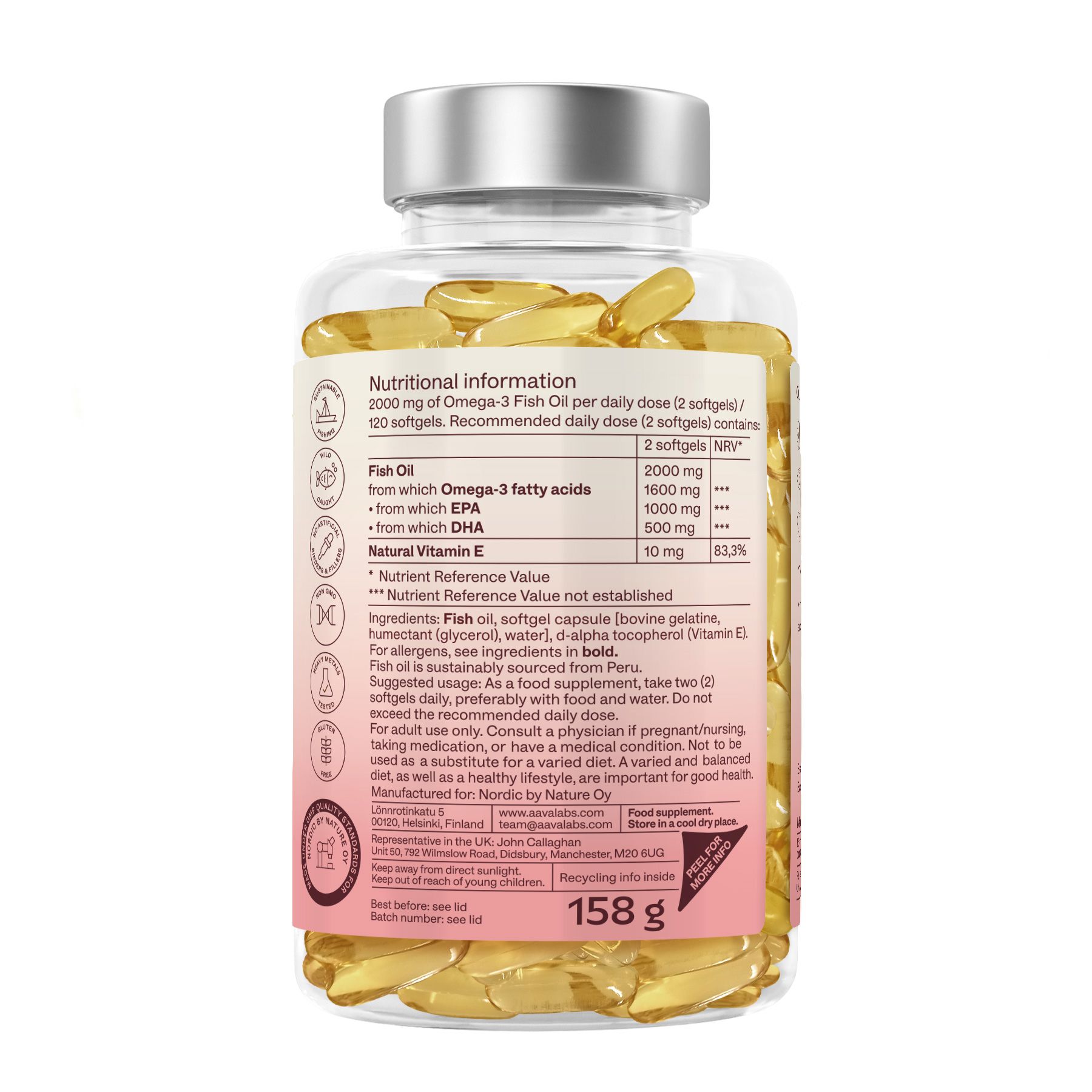 Rückseite der Omega-3-Flasche. Etikett mit Nährwertangaben, Inhaltsstoffen und Gewicht. 158g.