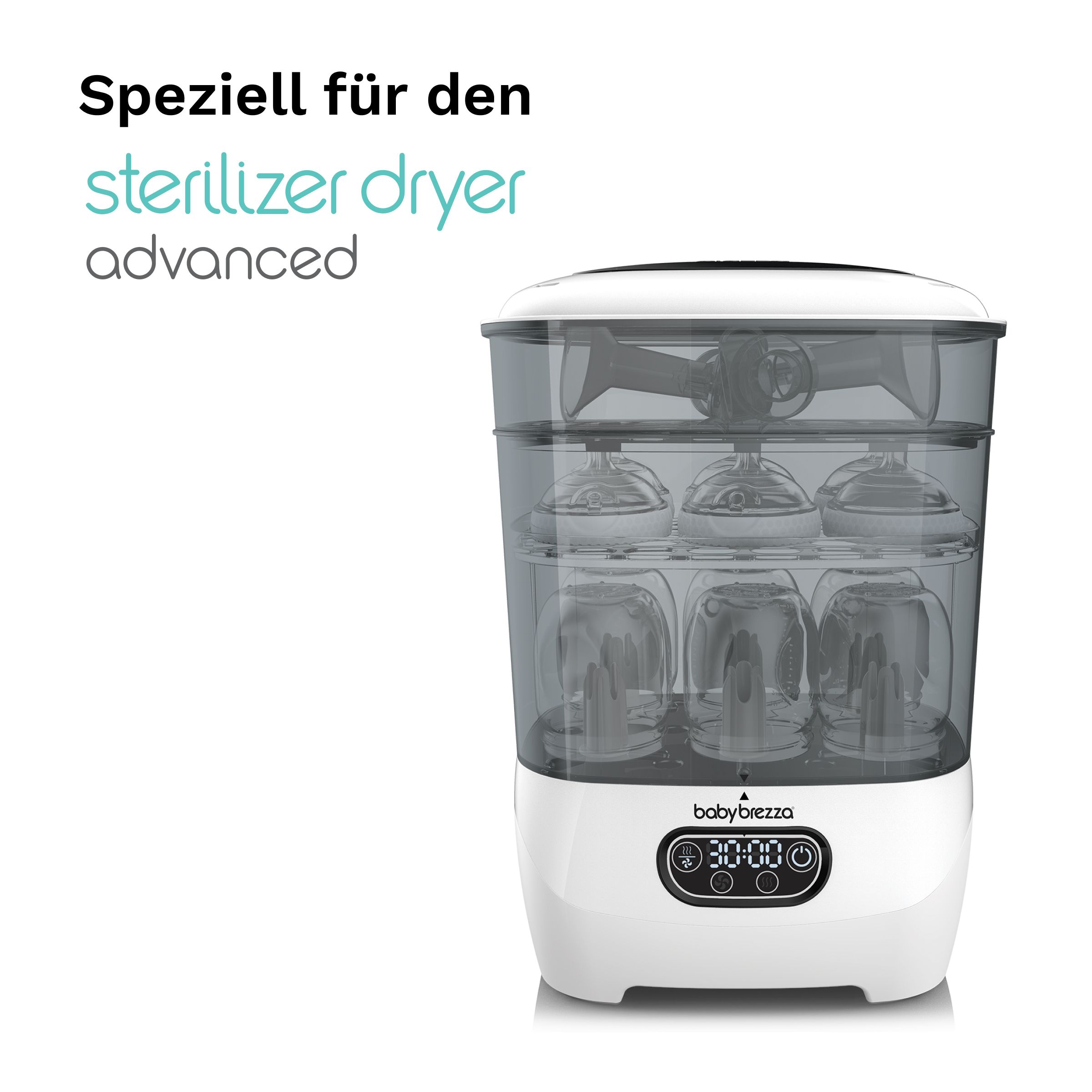 Ein weißer Sterilisator-Trockner mit mehreren Ebenen und Glasflaschen im Inneren.
