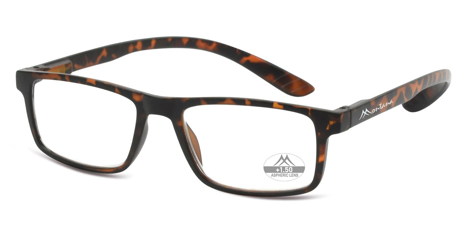 Brille mit braunem Schildpattmuster. Auf dem rechten Glas ist das Logo und die Stärke 1.50 abgebildet. Montana-Logo am Bügel.