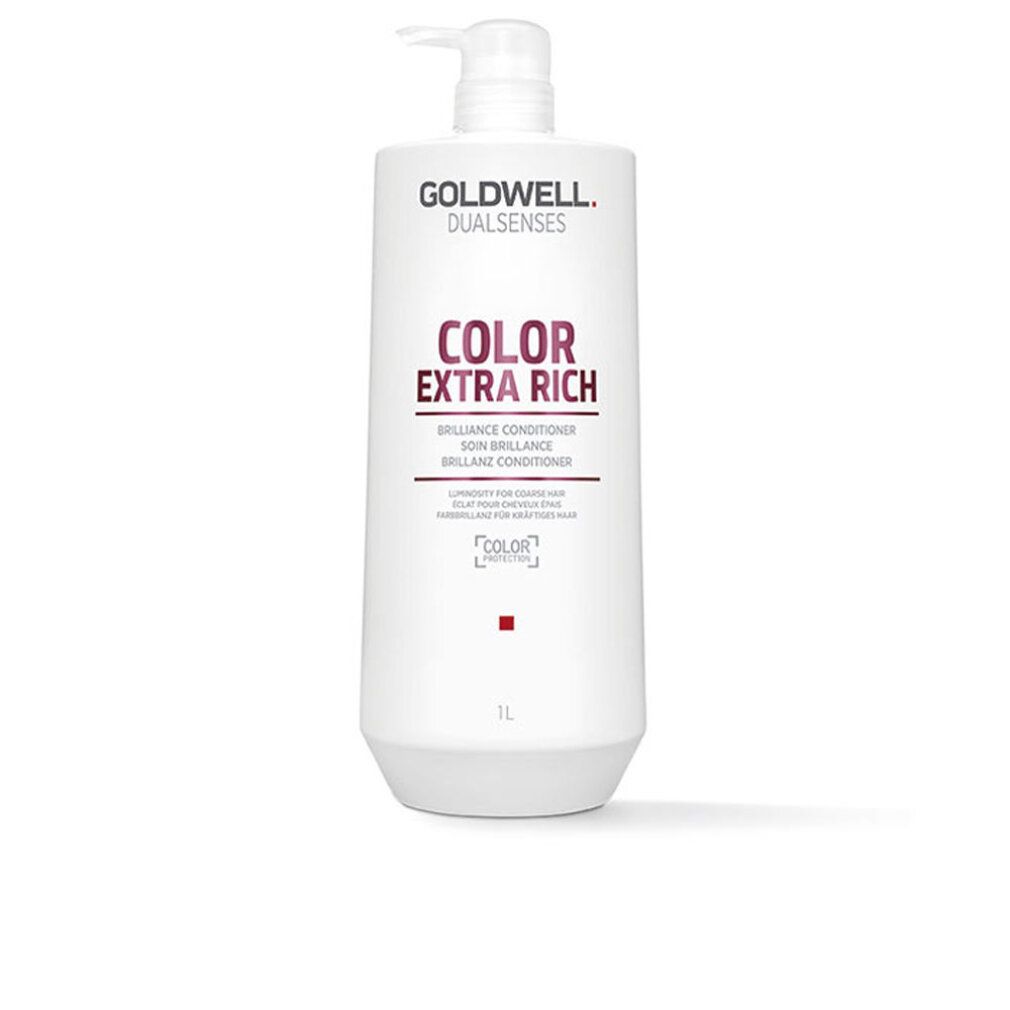 Goldwell Dual Senses Color ExtraRich Conditioner. Weiße Flasche mit Pumpe. Rosa Schriftzug 'COLOR EXTRA RICH'. 'Brilliance Conditioner' darunter. 1L.