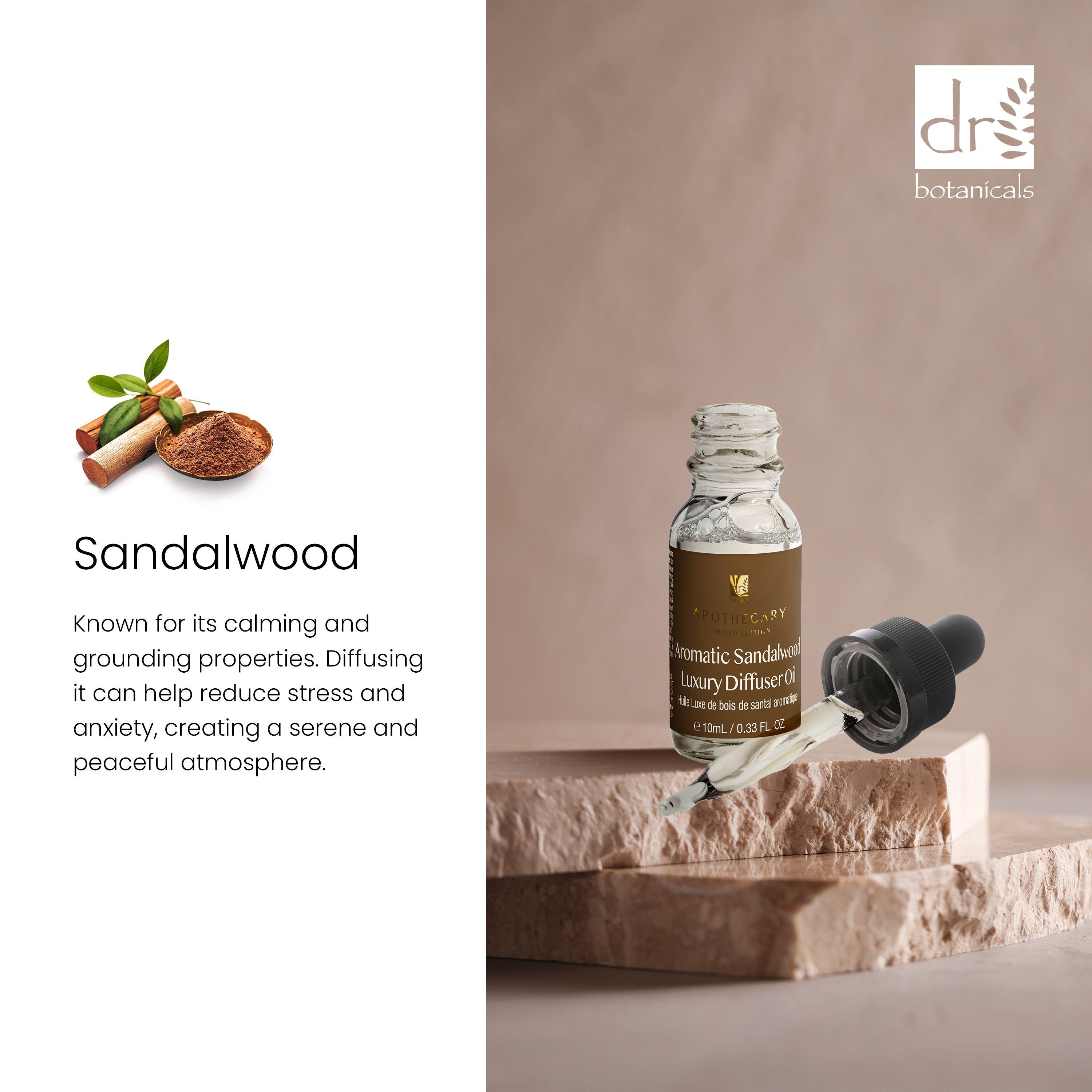 Glasflasche mit Pipette, braunes Etikett, Text. Aromatisches Sandelholz-Diffuser-Öl, 10ml. Dr. Botanicals-Logo.