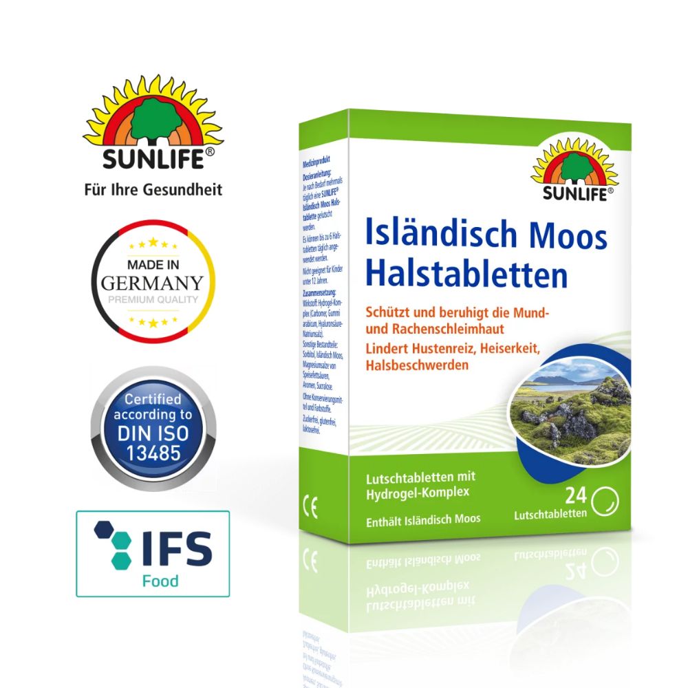Verpackung SUNLIFE Isländisch Moos Halstabletten. 24 Lutschtabletten. Mit Logo, Zertifizierungen und 'Made in Germany'.
