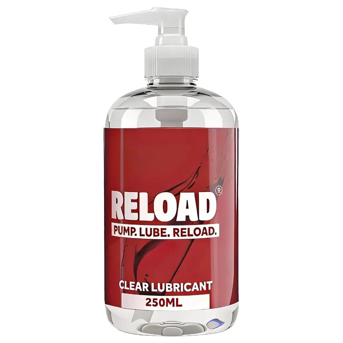 Transparente Flasche mit rotem Etikett. Aufschrift: RELOAD, CLEAR LUBRICANT. Mit Spenderpumpe.