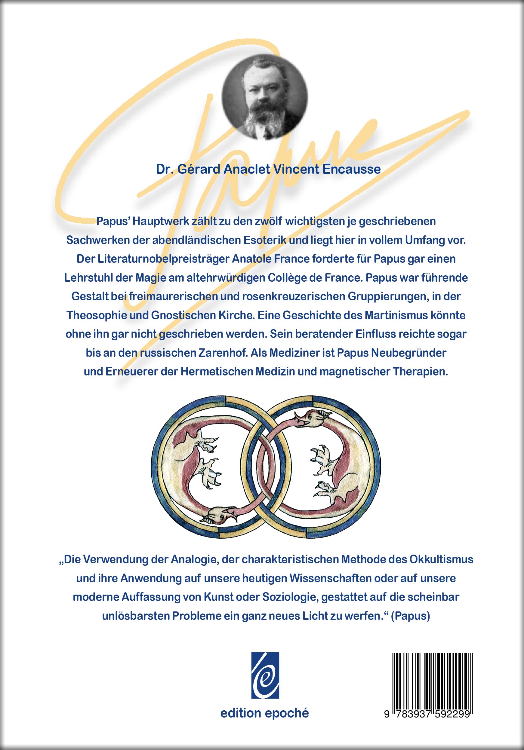 Rückseite des Buches "Die Grundlagen der okkulten Wissenschaft". Text und Porträt von Dr. Gérard Anaclet Vincent Encausse.