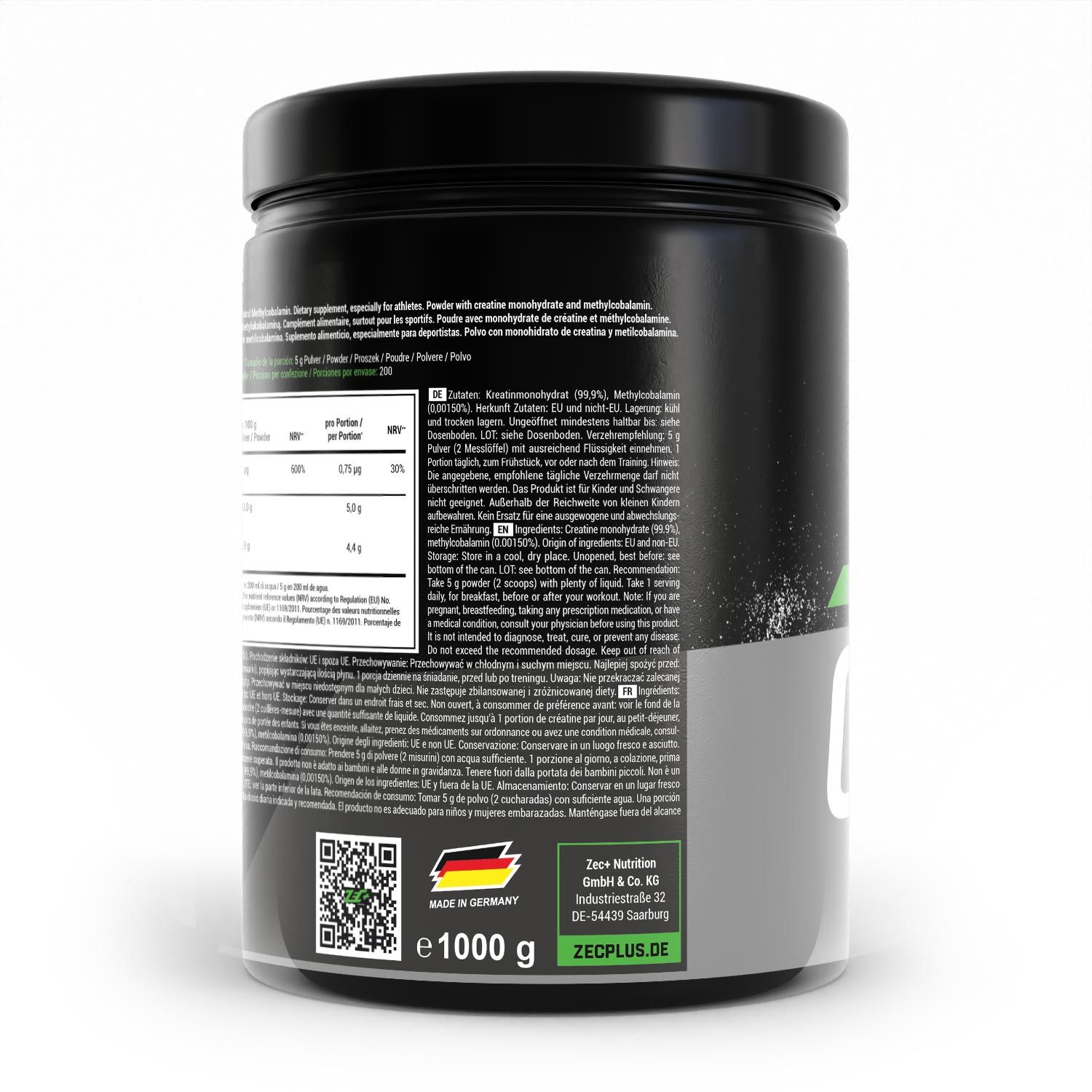 Schwarze Dose mit Text, Nährwertangaben und Logo. Mit Deutschland-Flagge und 1000 g. ZEC+ Nutrition.