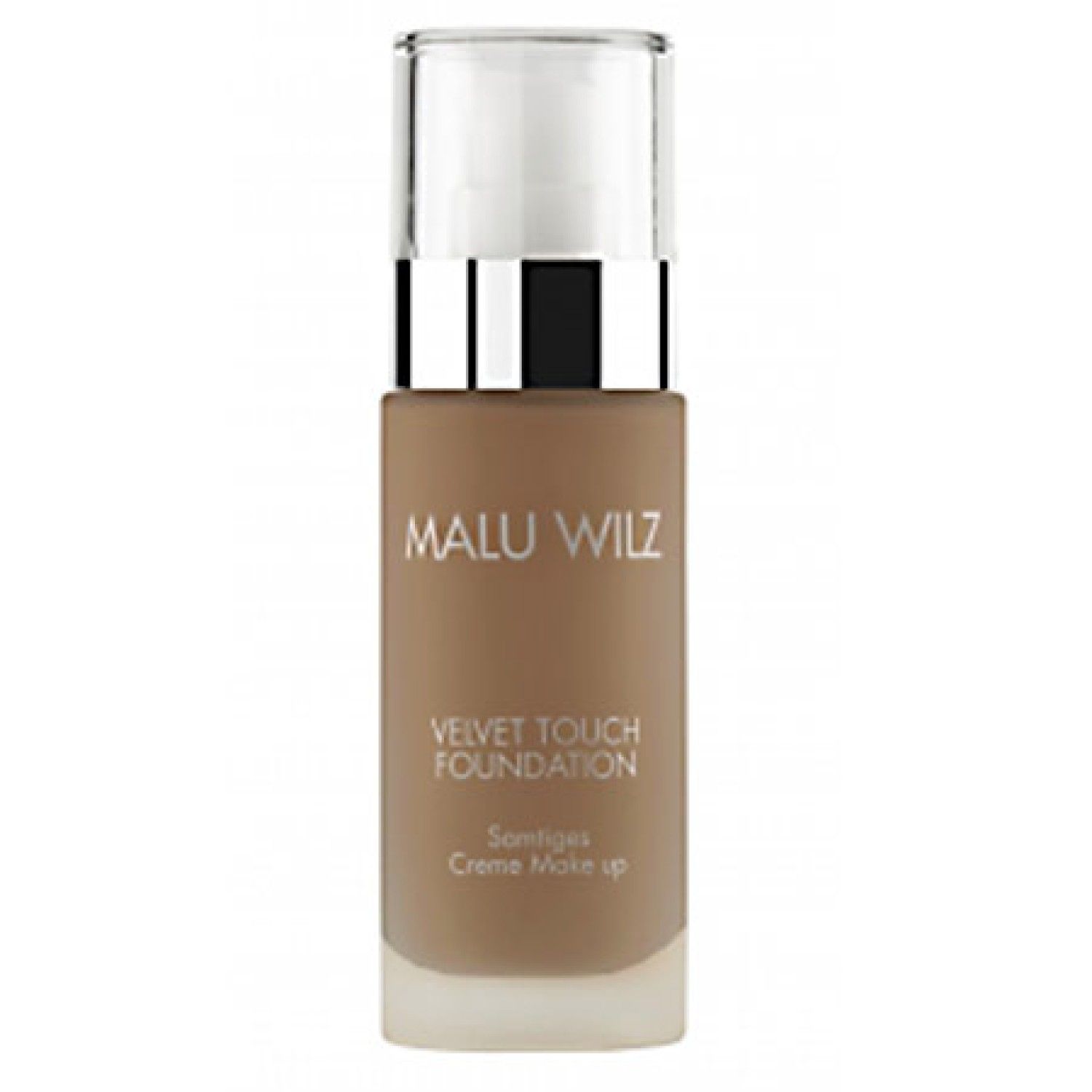 Flakon Make-up. Marke Malu Wilz. Velvet Touch Foundation. Creme Make-up. Braune Flüssigkeit, silberner Deckel.