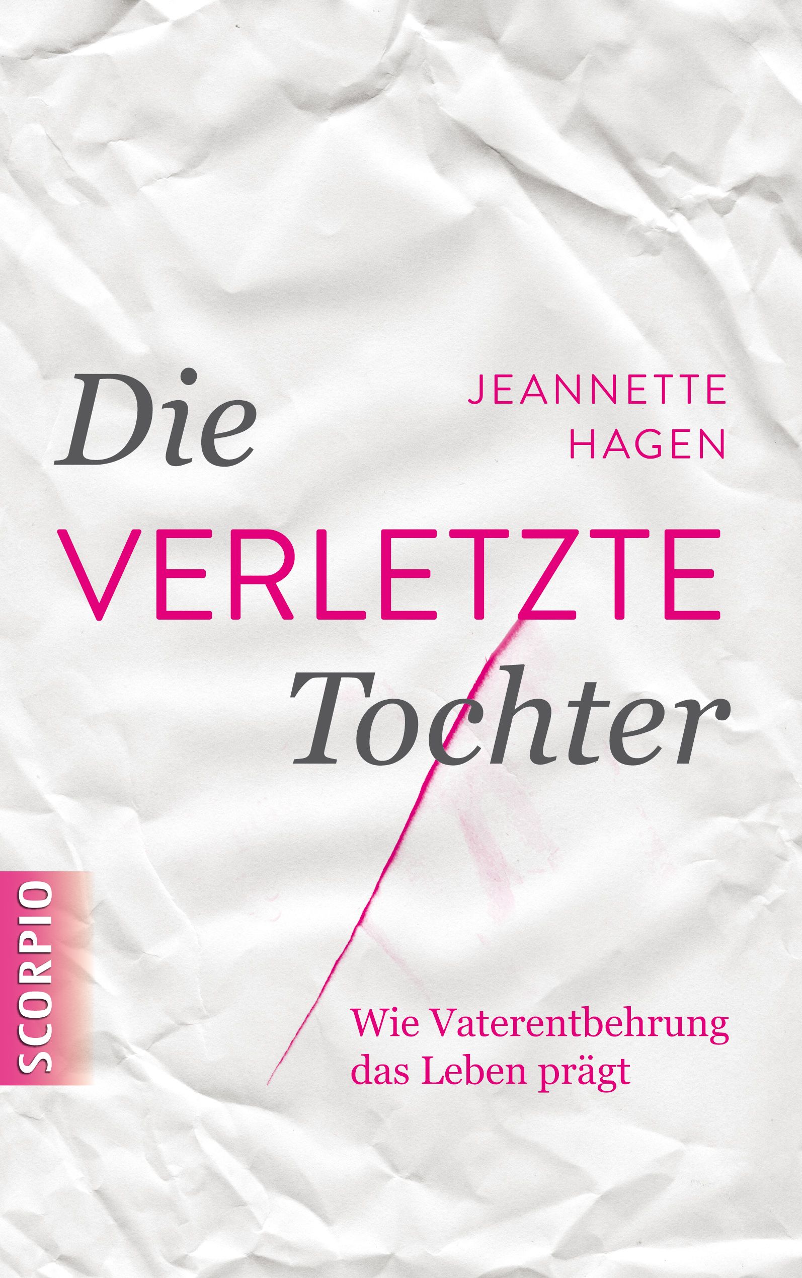 Buchcover mit Titel "Die verletzte Tochter". Autorin: Jeannette Hagen. Verlag: Scorpio. Hintergrund: zerknittertes Papier.