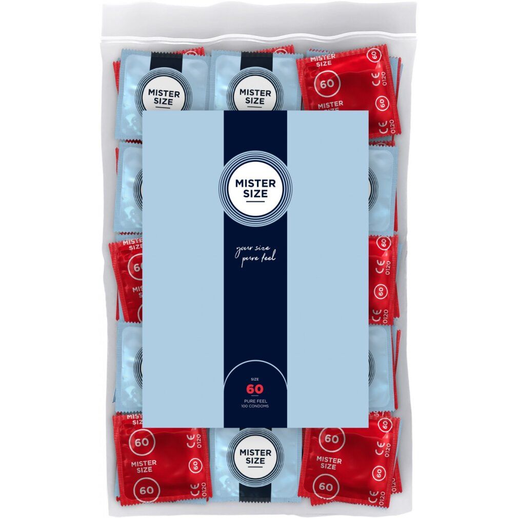 Verpackung mit Kondomen. Sichtbar: Mister Size, 60 Stück. Rote und blaue Einzelverpackungen in einer transparenten Tüte.