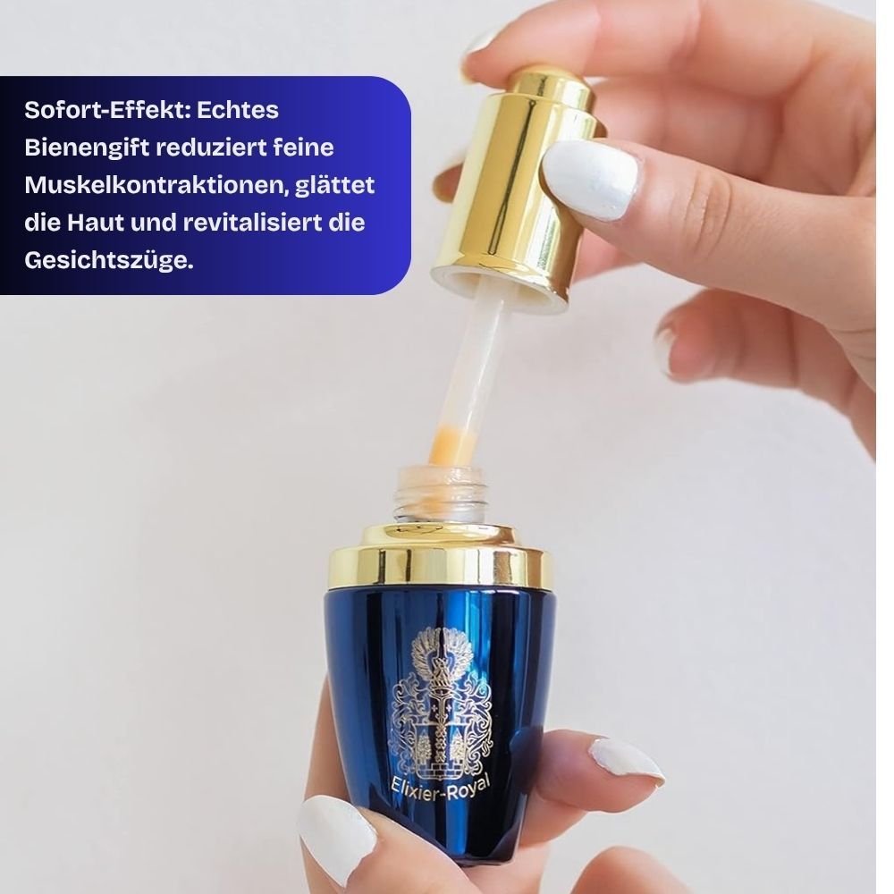Hände halten ein blaues Fläschchen mit goldfarbenem Deckel. Pipette wird betätigt.
