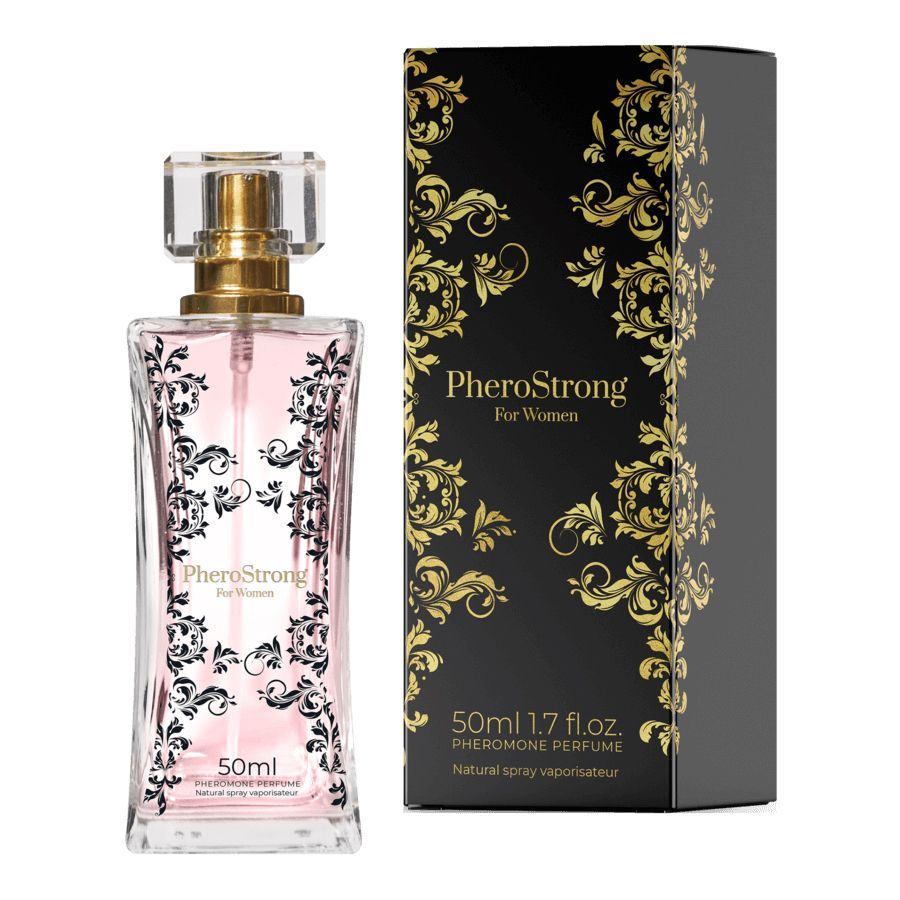PheroStrong Pheromon Parfüm für Frauen, 50ml. Flasche mit floralem Muster und schwarzer Geschenkbox.