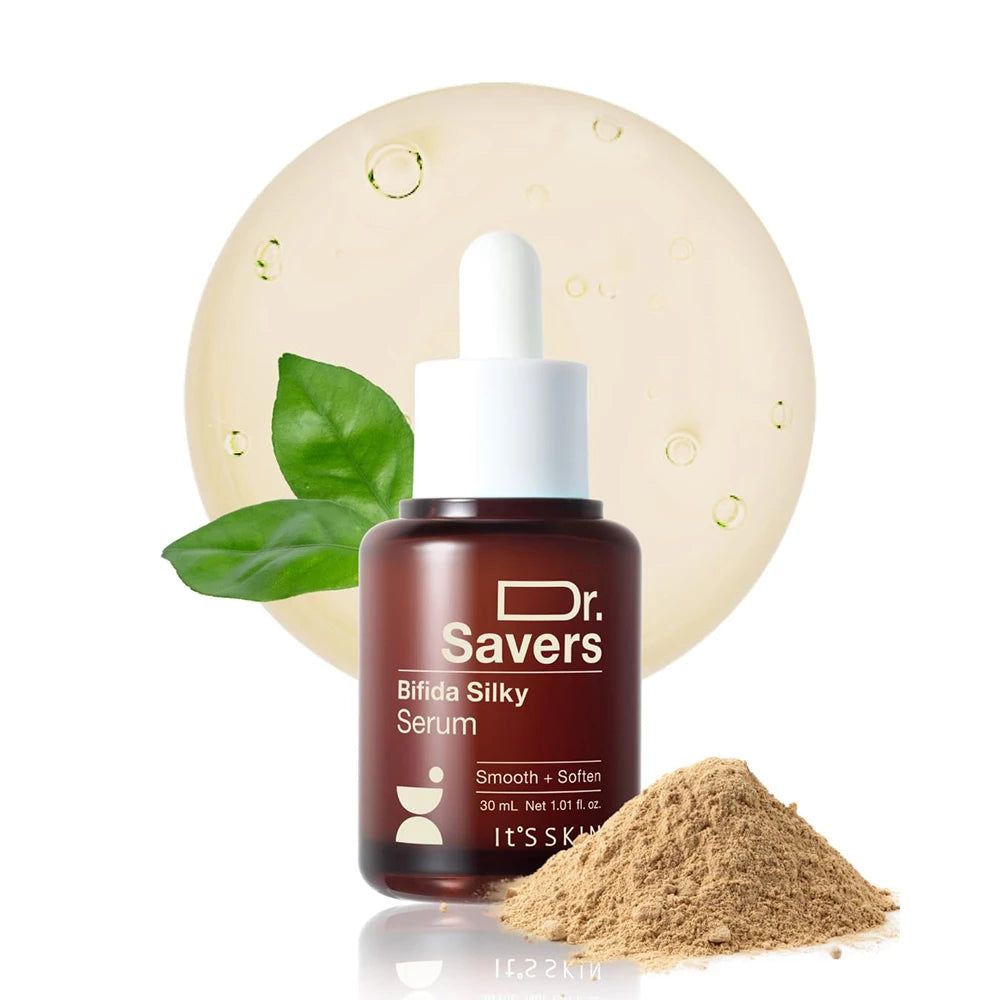 Braune Flasche mit weißem Deckel. Produktname: Dr. Savers Bifida Silky Serum. Aufschrift: 30 ml. Marke: IT'S SKIN. Mit Blättern.