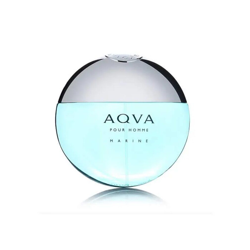 Runder Flakon mit silbernem Deckel. Hellblaues Parfum. Text: AQVA POUR HOMME MARINE.