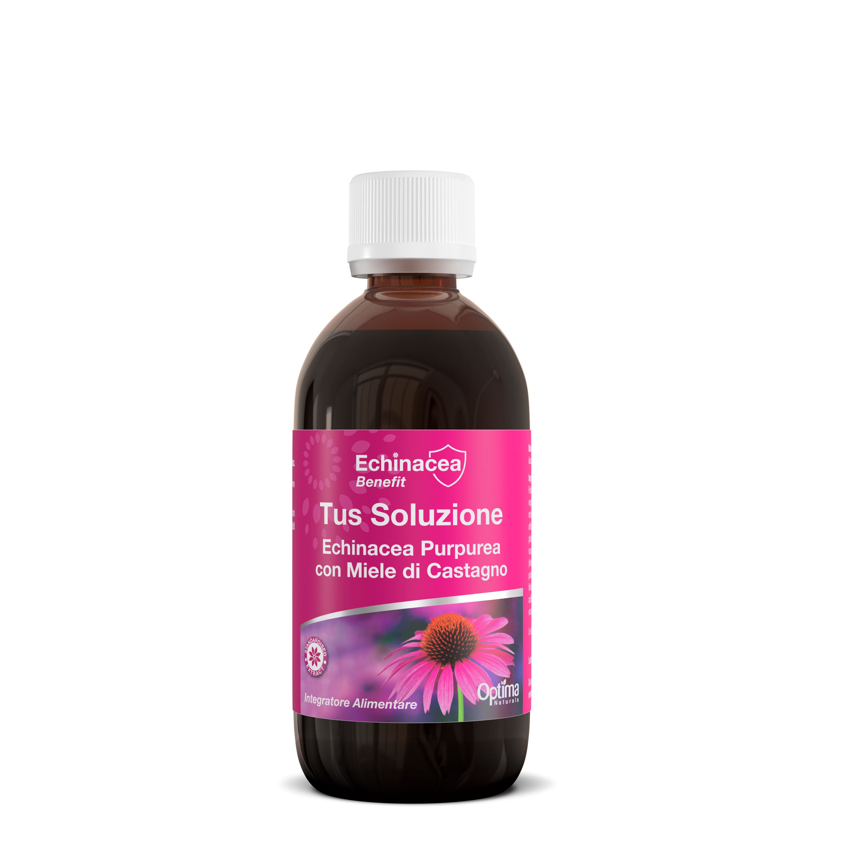 Echinacea Benefit Tus Soluzione Flasche mit Echinacea-Blüte und Text.