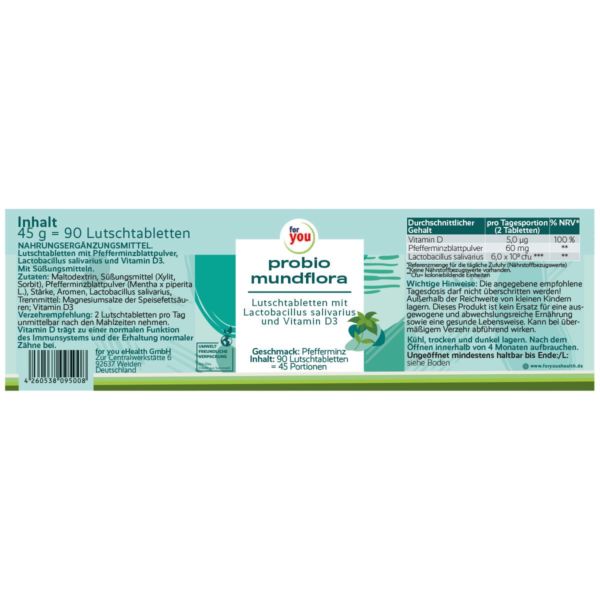 Produktverpackung mit Informationen. Aufschrift: probio mundflora. Enthält 90 Lutschtabletten. Hintergrund: weiß.